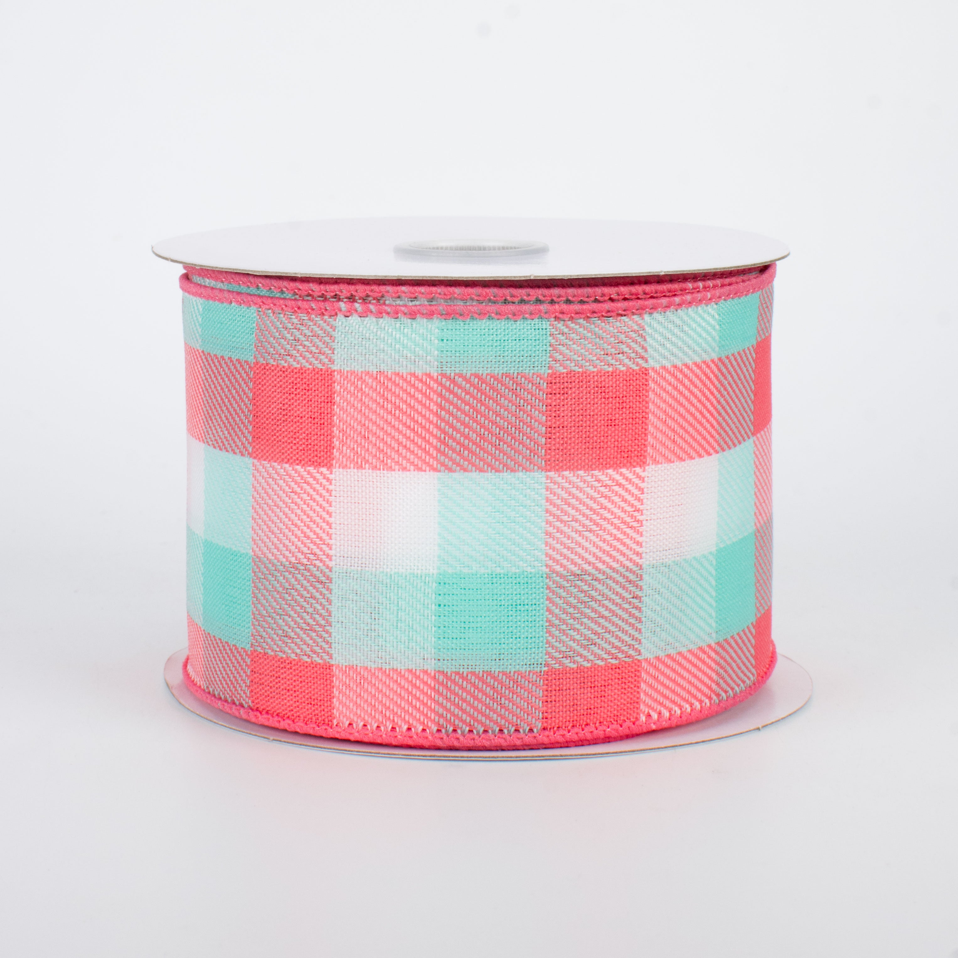 2.5" Gingham Ribbon: Coral, Turquoise, White (10 Yards)
