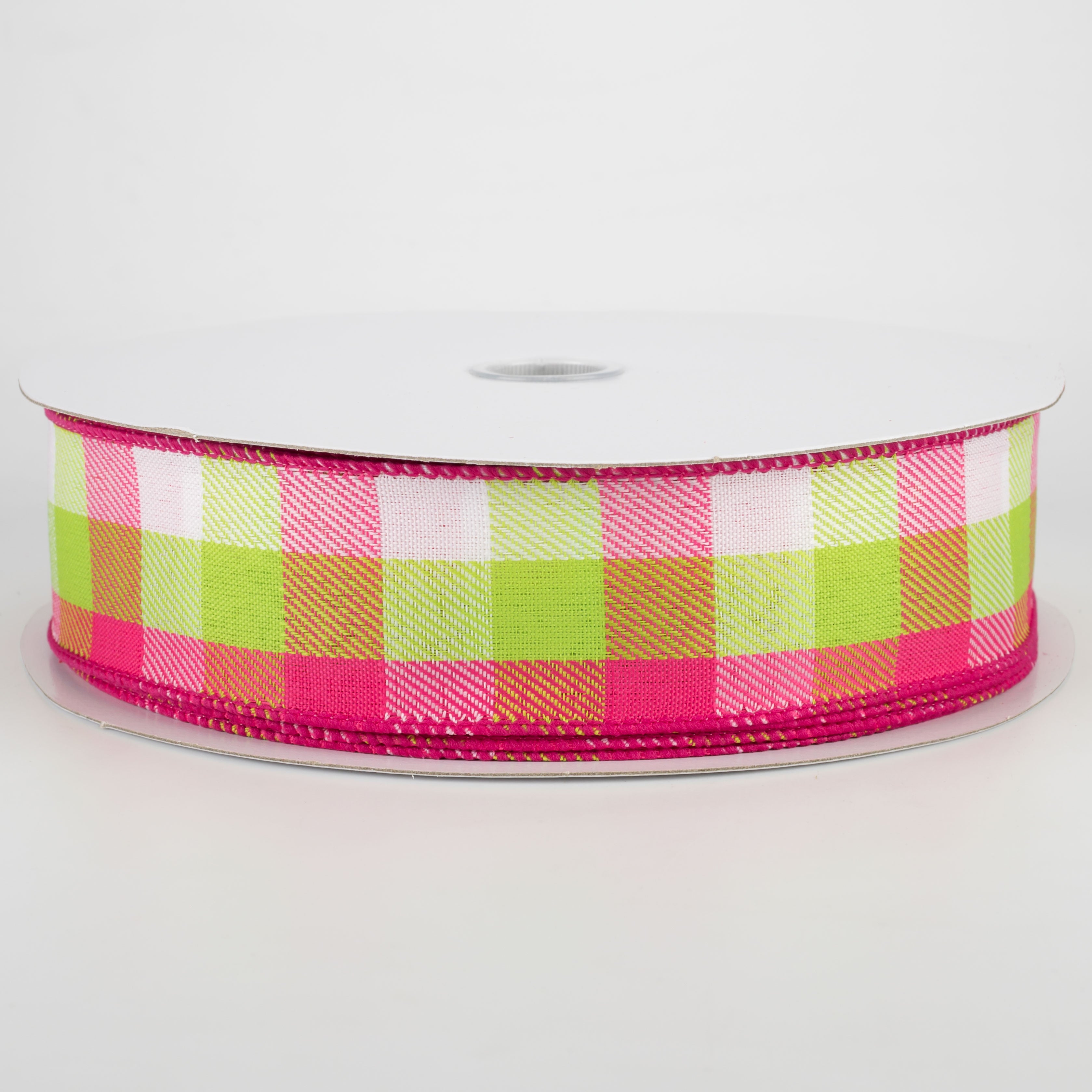 1.5" Gingham Ribbon: Lime, Fuchsia, White (50 Yards)