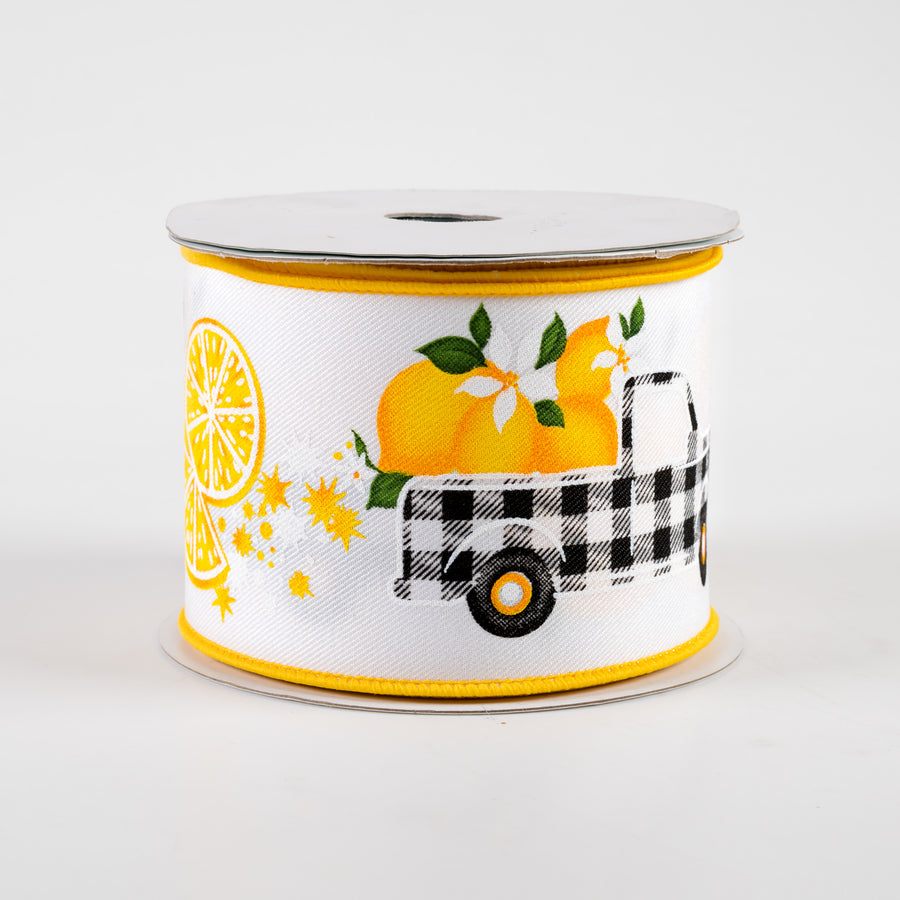 2.5" Gingham Truck With Lemons Ribbon: White (10 Yards)
