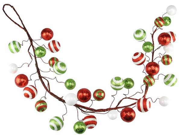 5' Glitter Ball Wired Garland: Red, Lime Green, White detail photo 4