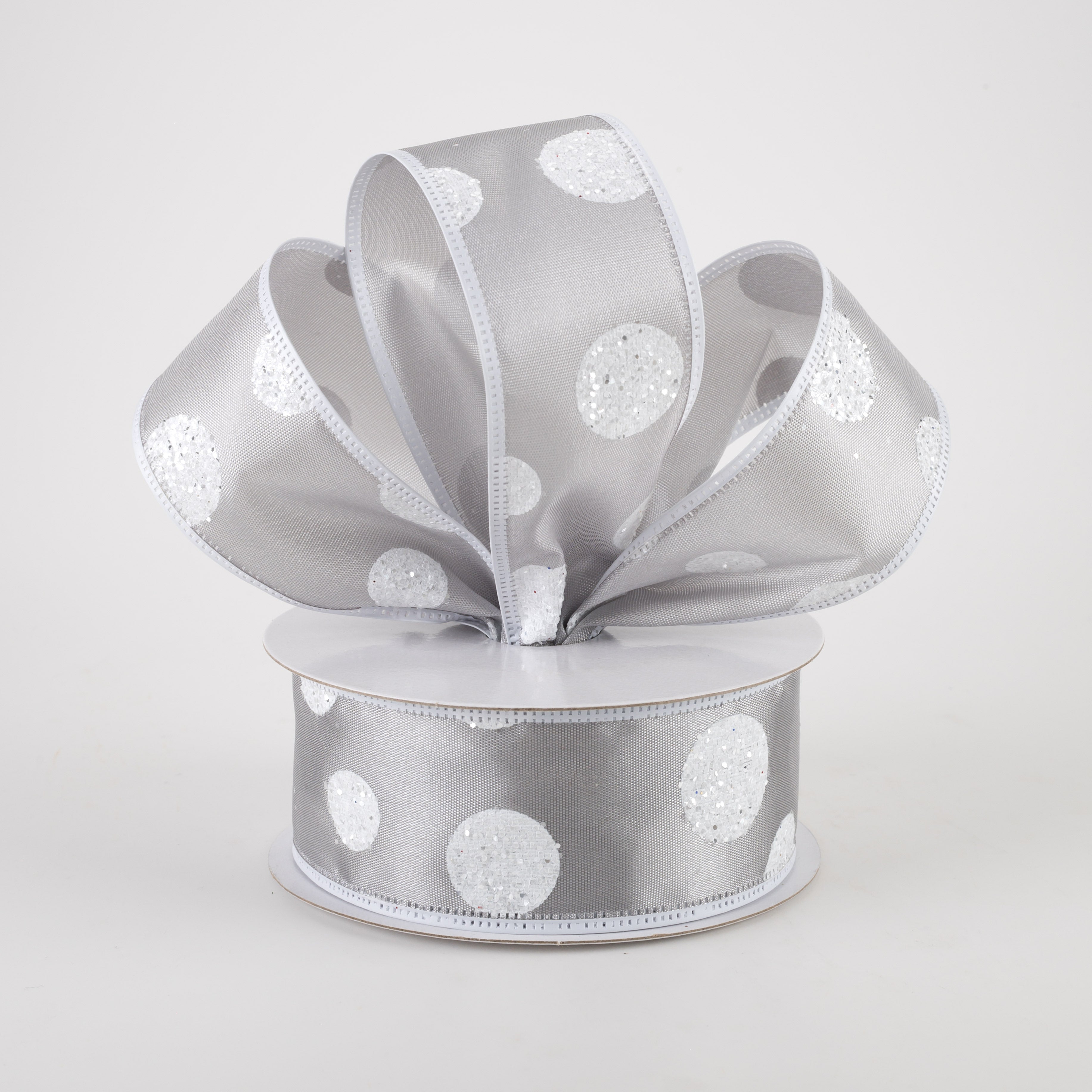 1.5" Glitter Big White Dots Ribbon: Grey (10 Yards) Lifestyle Photo