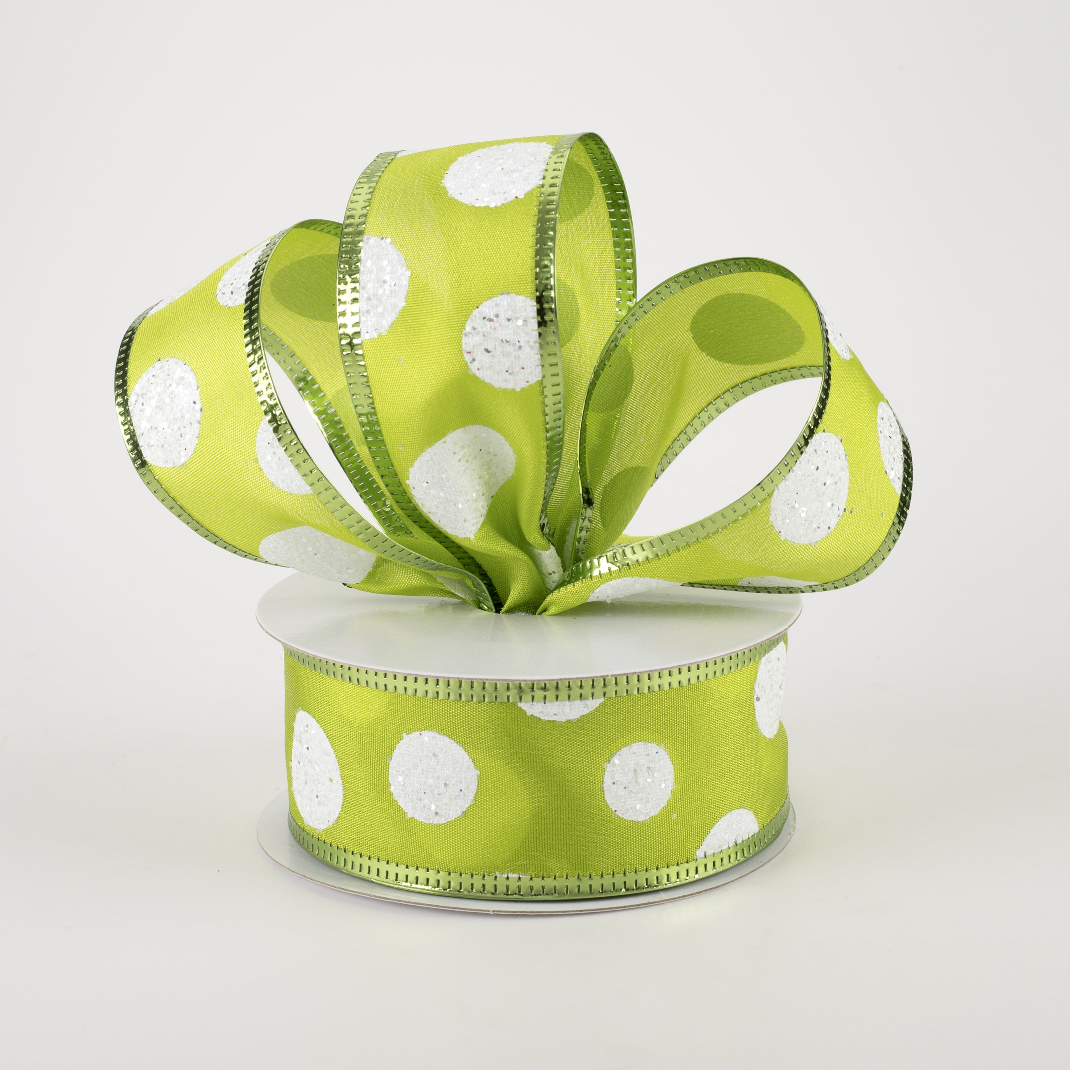 1.5" Glitter Big White Dots Ribbon: Kiwi (10 Yards) Lifestyle Photo