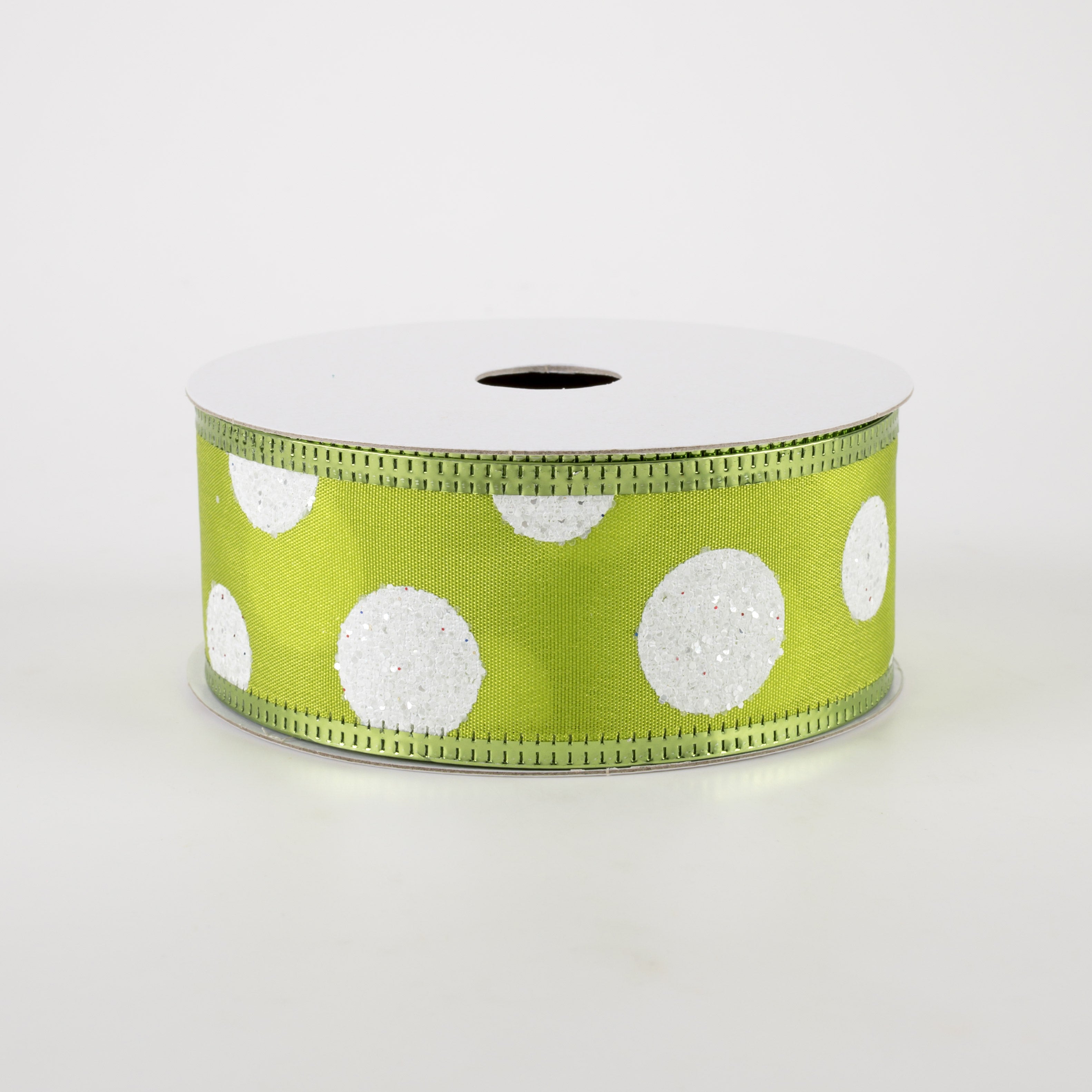 1.5" Glitter Big White Dots Ribbon: Kiwi (10 Yards)