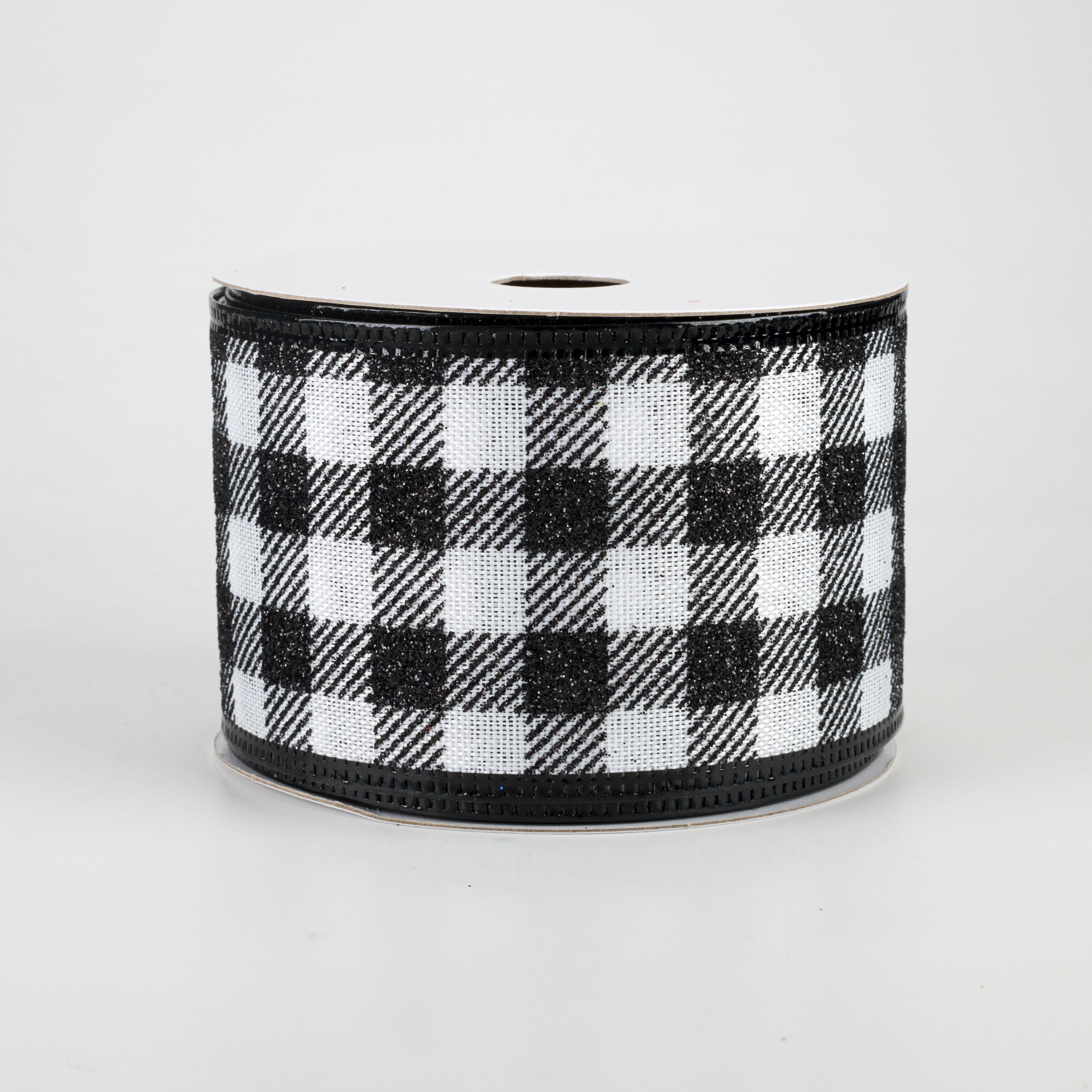 2.5" Glitter Buffalo Plaid Ribbon: White & Black (10 Yards) Item Number: 75022-40-21