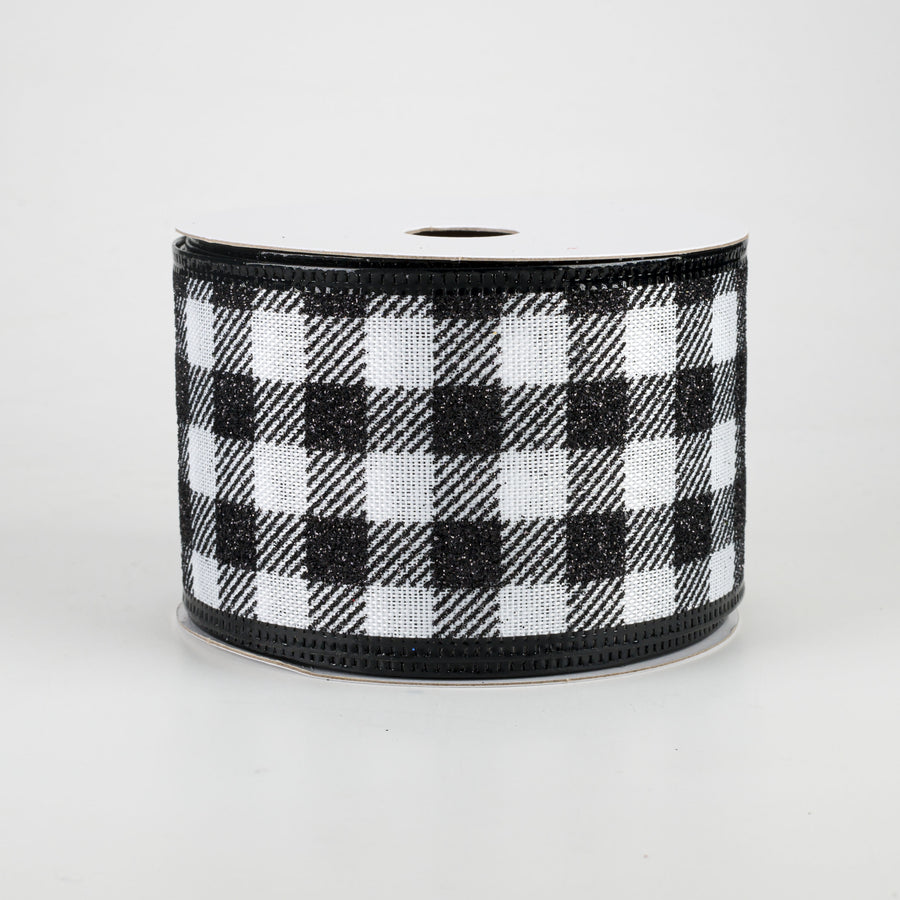 2.5" Glitter Buffalo Plaid Ribbon: White & Black (10 Yards) Item Number: 75022-40-21