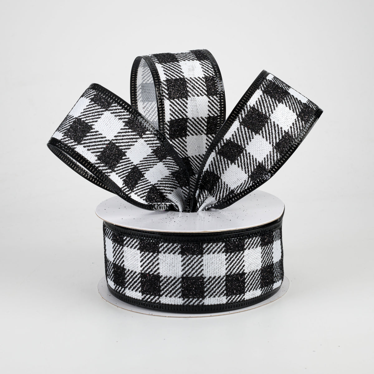 1.5" Glitter Buffalo Plaid Ribbon: White & Black (10 Yards) Lifestyle Photo
