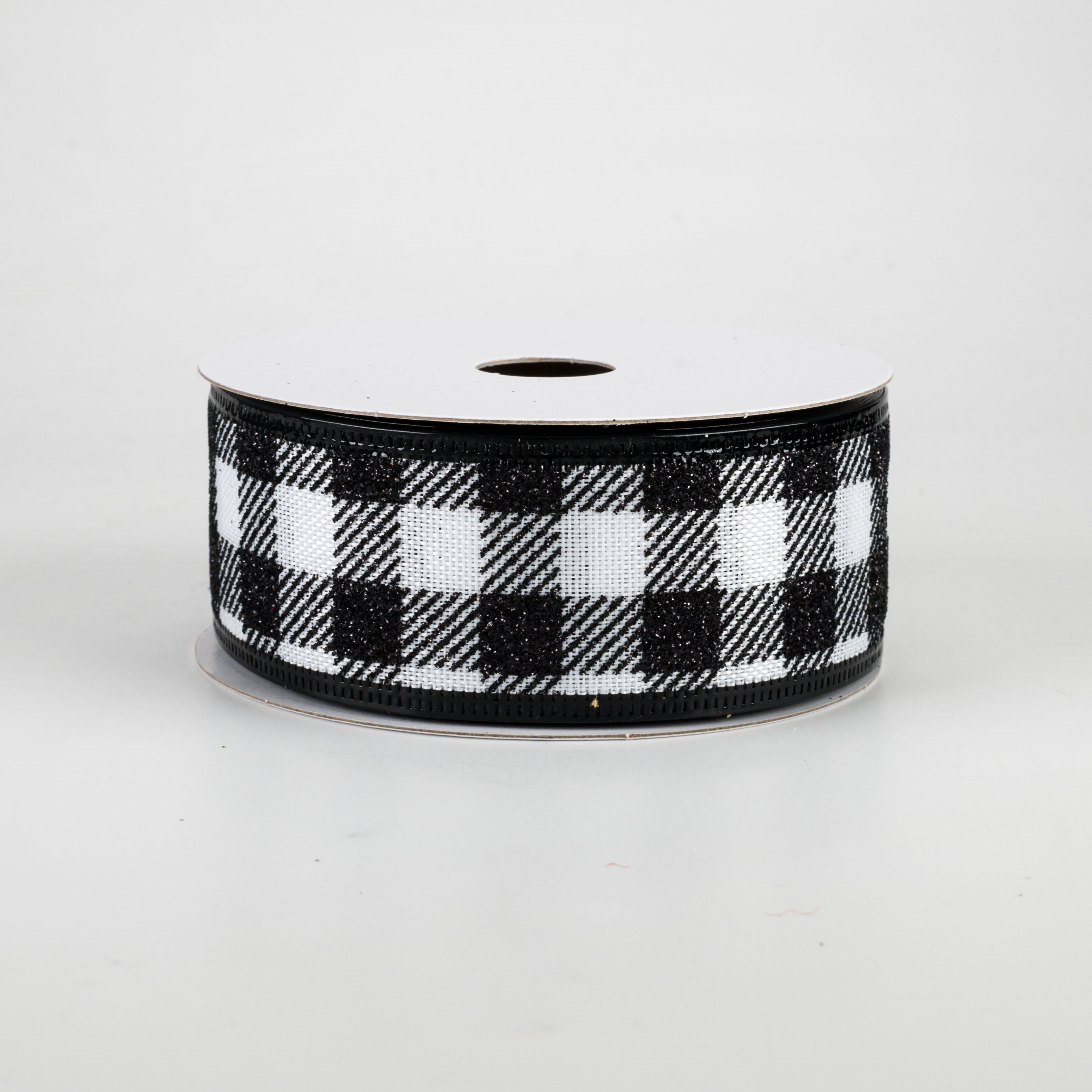 1.5" Glitter Buffalo Plaid Ribbon: White & Black (10 Yards) Item Number: 75022-09-21