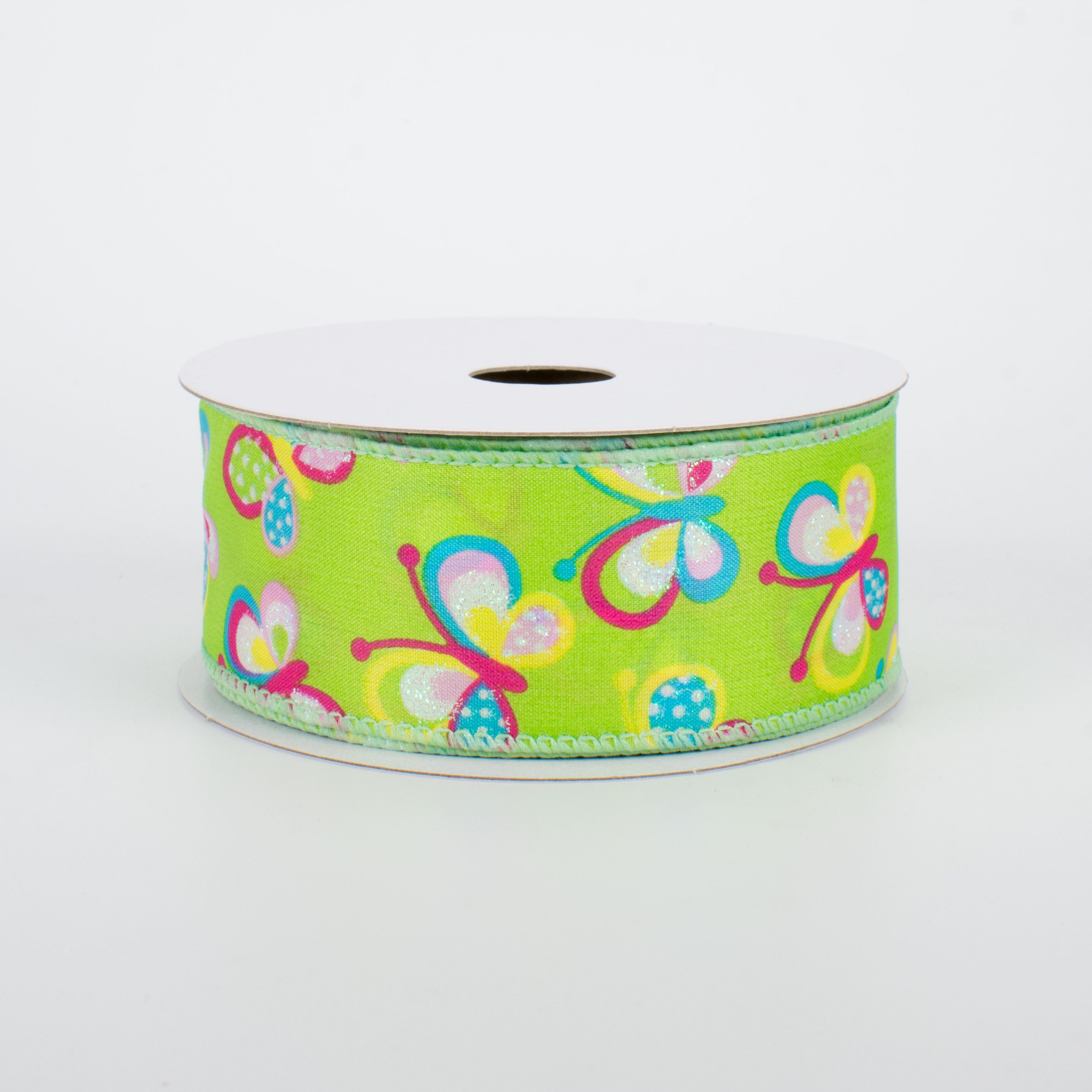 1.5" Glitter Butterfly Ribbon: Lime Green (10 Yards)