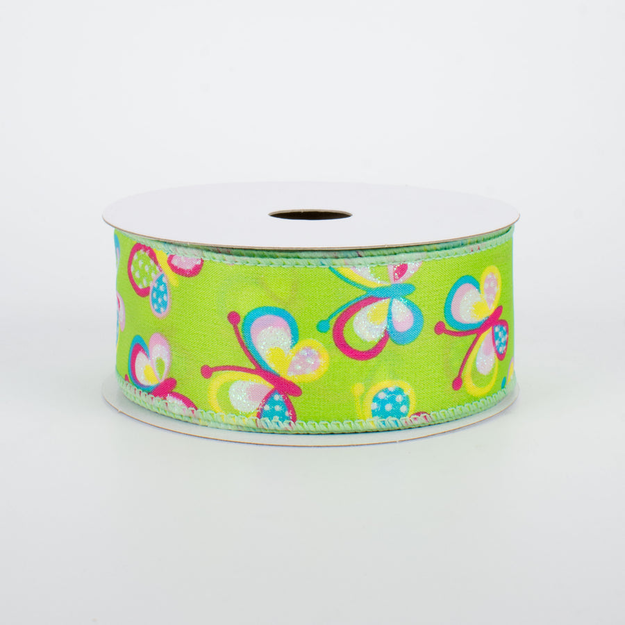 1.5" Glitter Butterfly Ribbon: Lime Green (10 Yards)