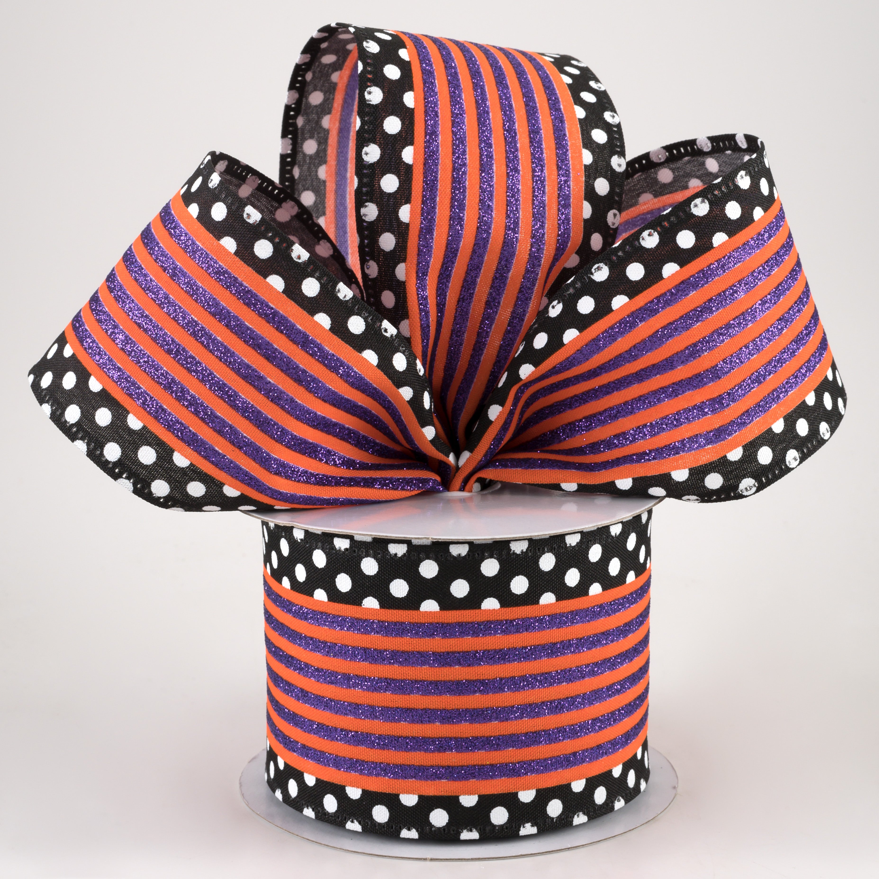 2.5" Glitter Cabana Stripe Dot Edge Ribbon: Orange, Purple, Black, White (10 Yards) Lifestyle Photo