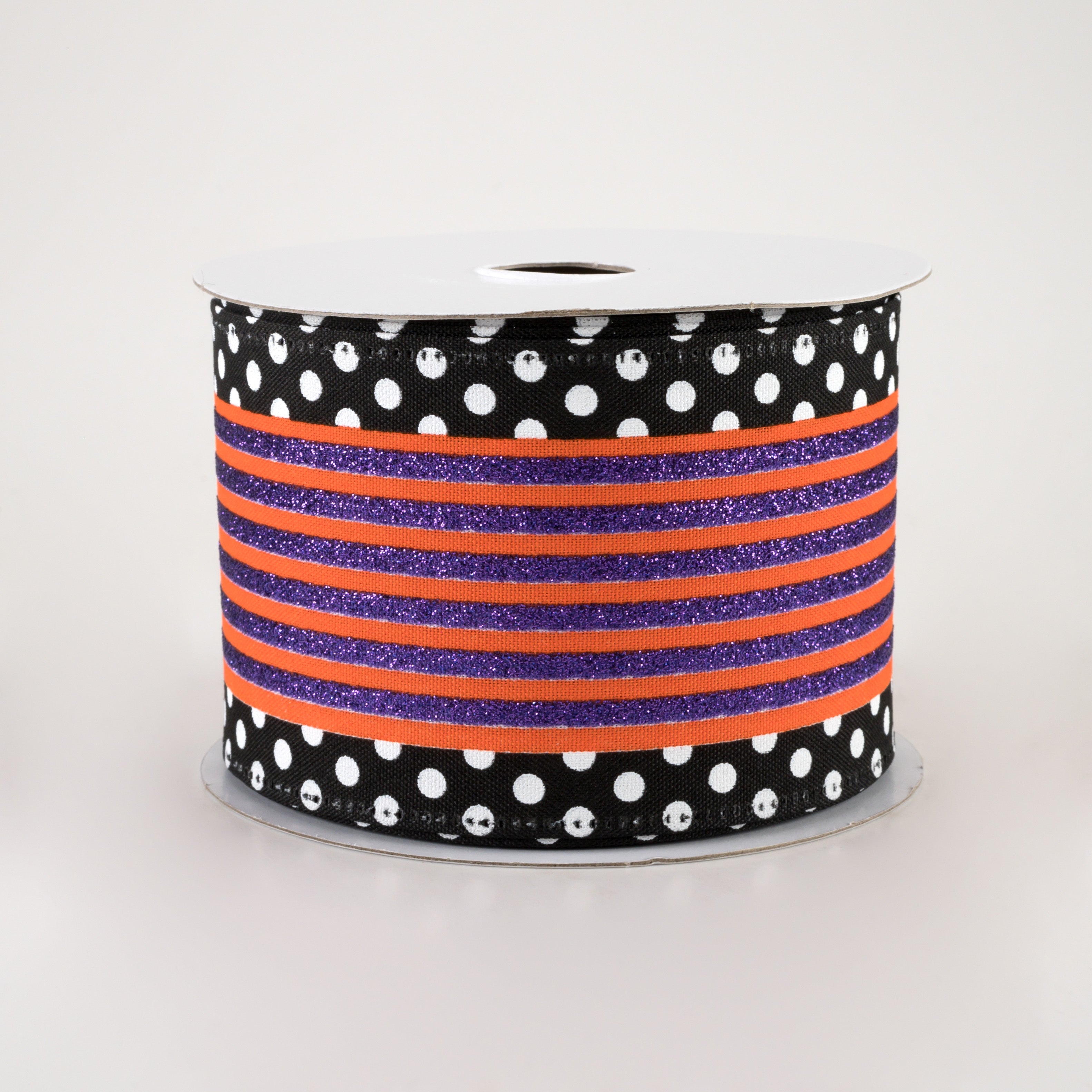 2.5" Glitter Cabana Stripe Dot Edge Ribbon: Orange, Purple, Black, White (10 Yards)