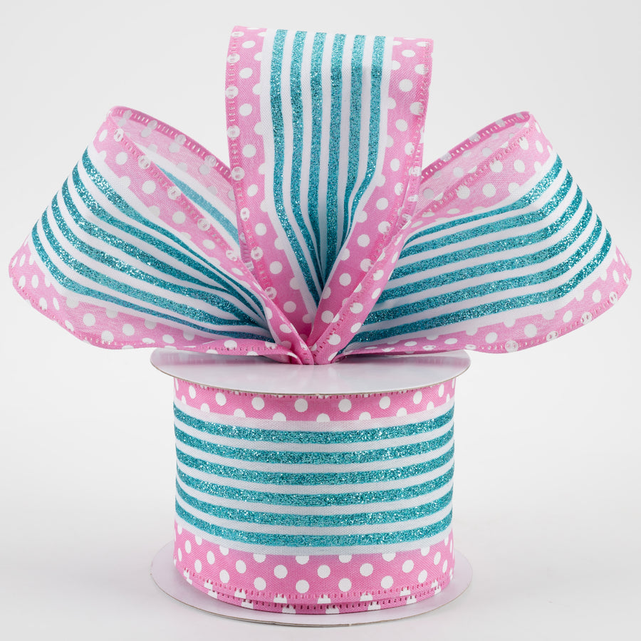 2.5" Glitter Cabana Stripe Dot Edge Ribbon: White, Aqua, Pink (10 Yards) Lifestyle Photo