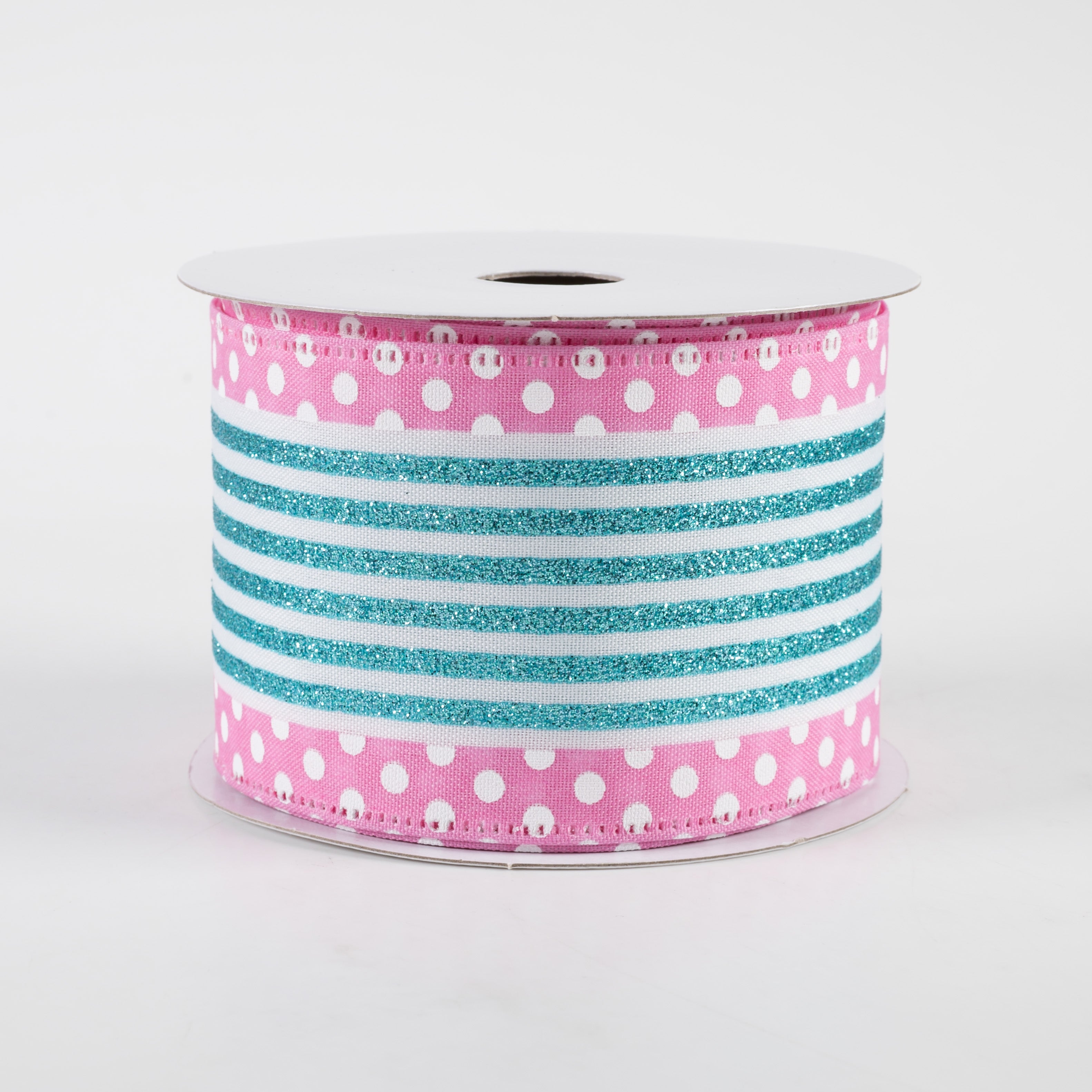 2.5" Glitter Cabana Stripe Dot Edge Ribbon: White, Aqua, Pink (10 Yards)