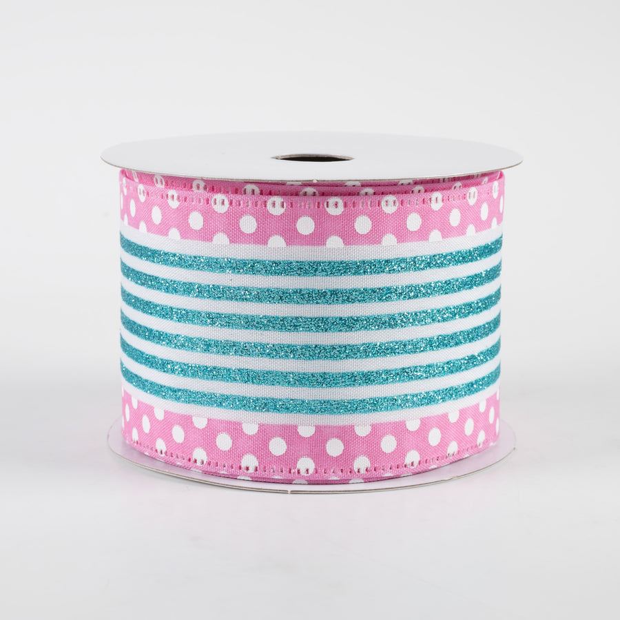 2.5" Glitter Cabana Stripe Dot Edge Ribbon: White, Aqua, Pink (10 Yards)