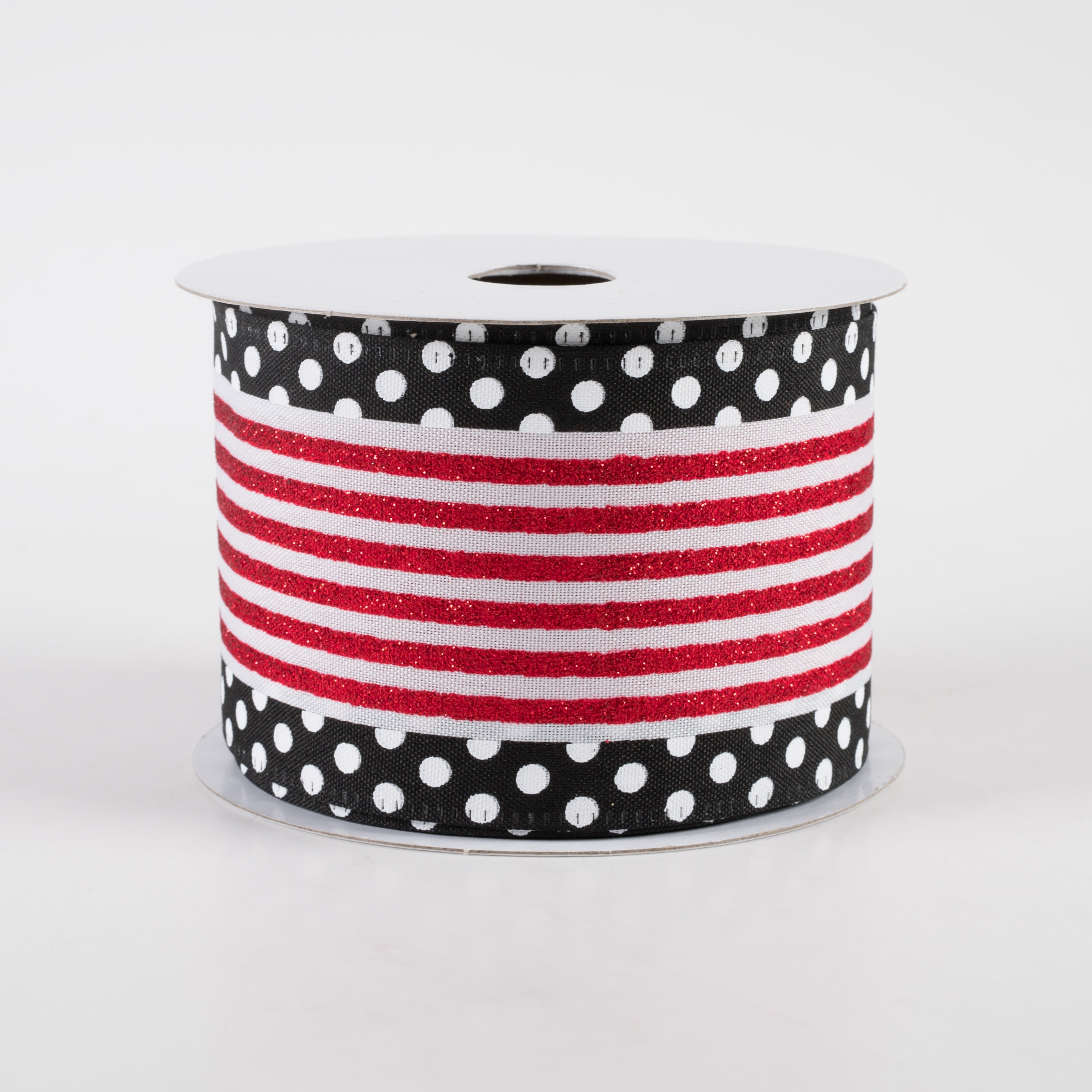 2.5" Glitter Cabana Stripe Dot Edge Ribbon: White, Red, Black (10 Yards)