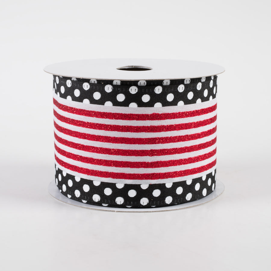 2.5" Glitter Cabana Stripe Dot Edge Ribbon: White, Red, Black (10 Yards)