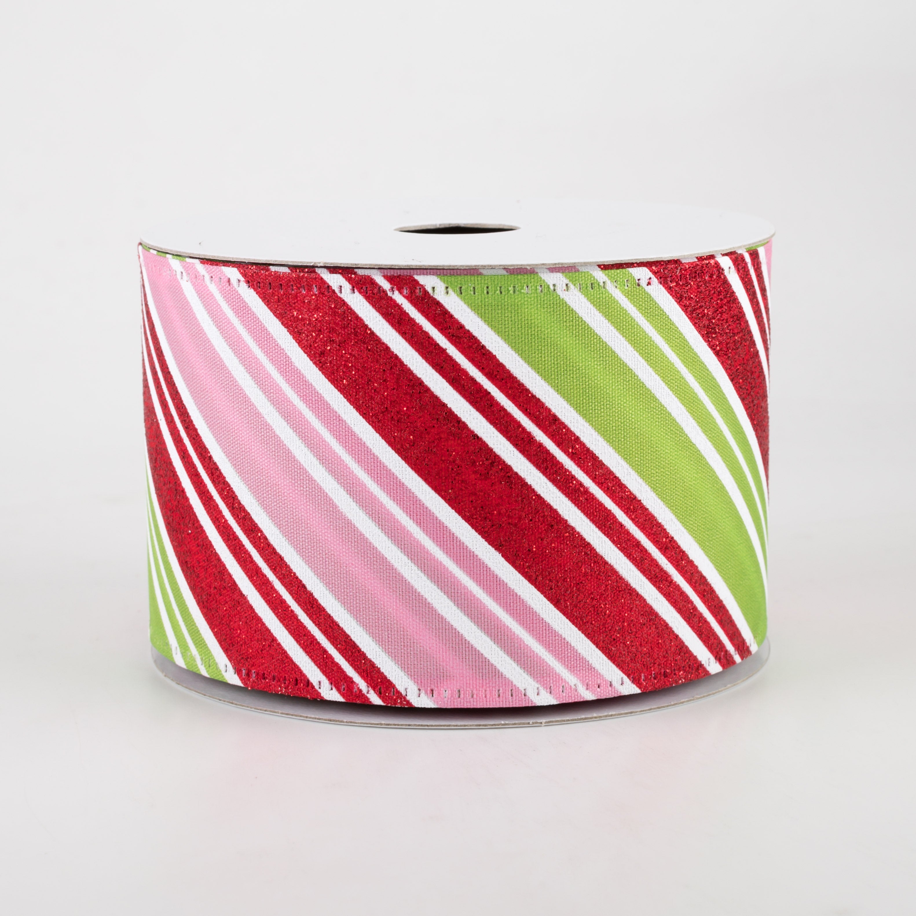 2.5" Glitter Candy Cane Stripe Ribbon: Pink, Lime, Red (10 Yards)
