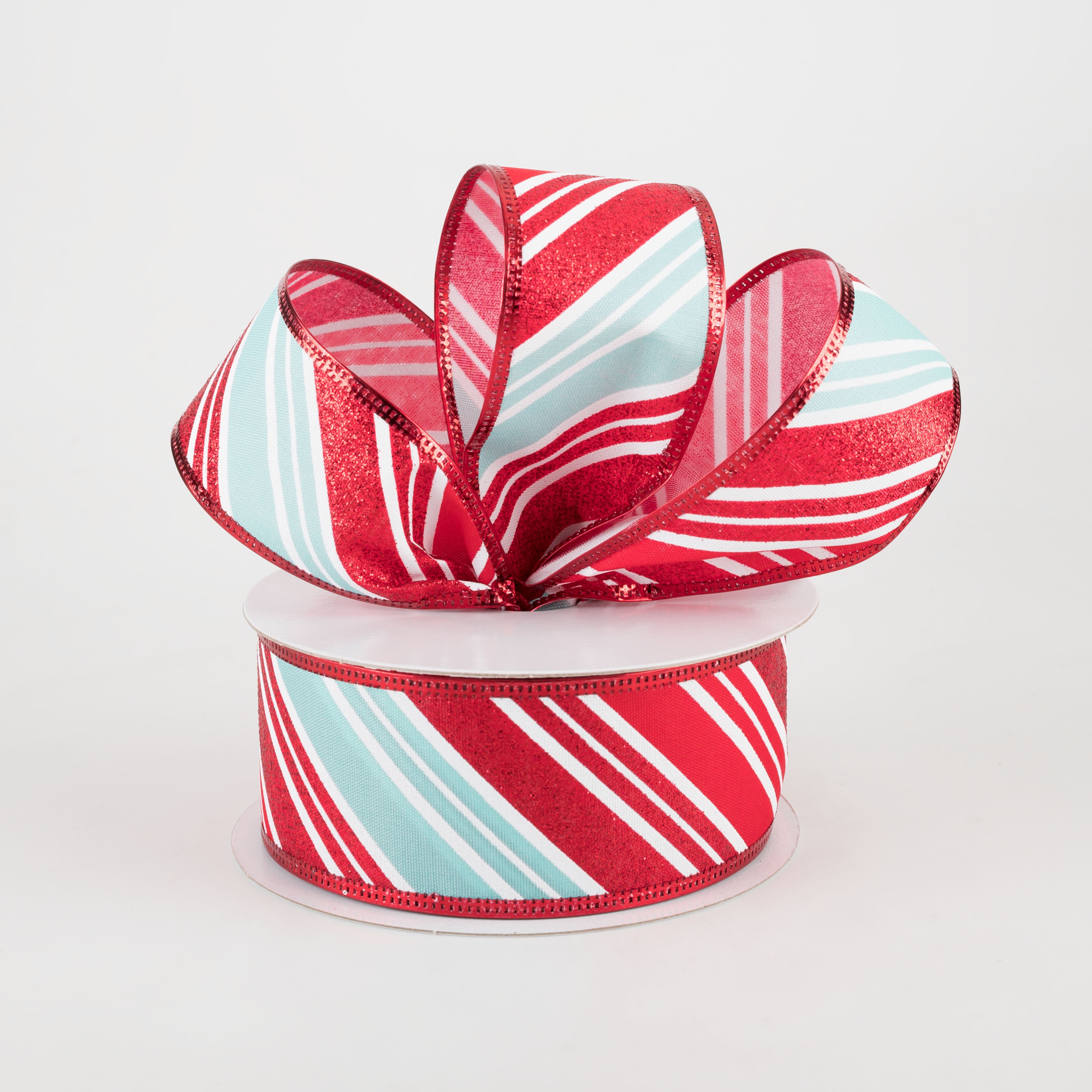 1.5" Glitter Candy Cane Stripe Ribbon: Red, Aqua, White (10 Yards) Lifestyle Photo