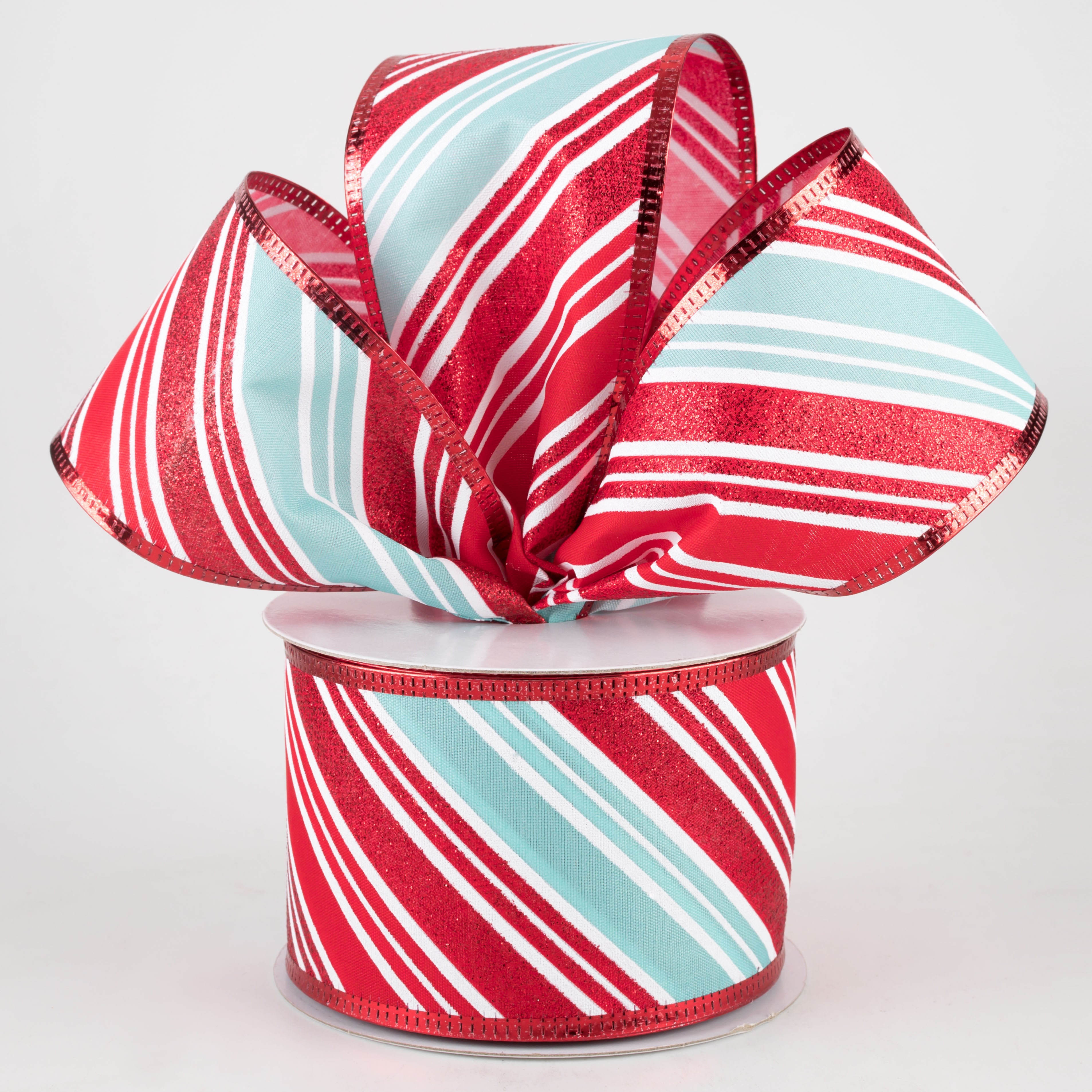 2.5" Glitter Candy Cane Stripe Ribbon: Red, Aqua, White (10 Yards) Lifestyle Photo