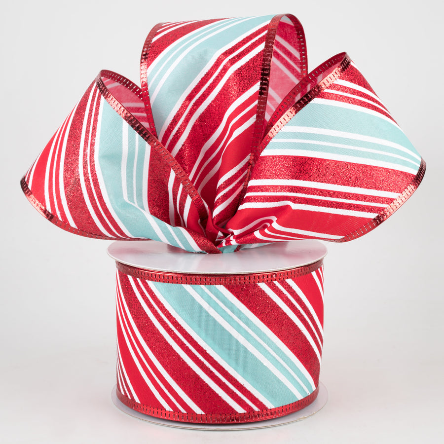 2.5" Glitter Candy Cane Stripe Ribbon: Red, Aqua, White (10 Yards) Lifestyle Photo