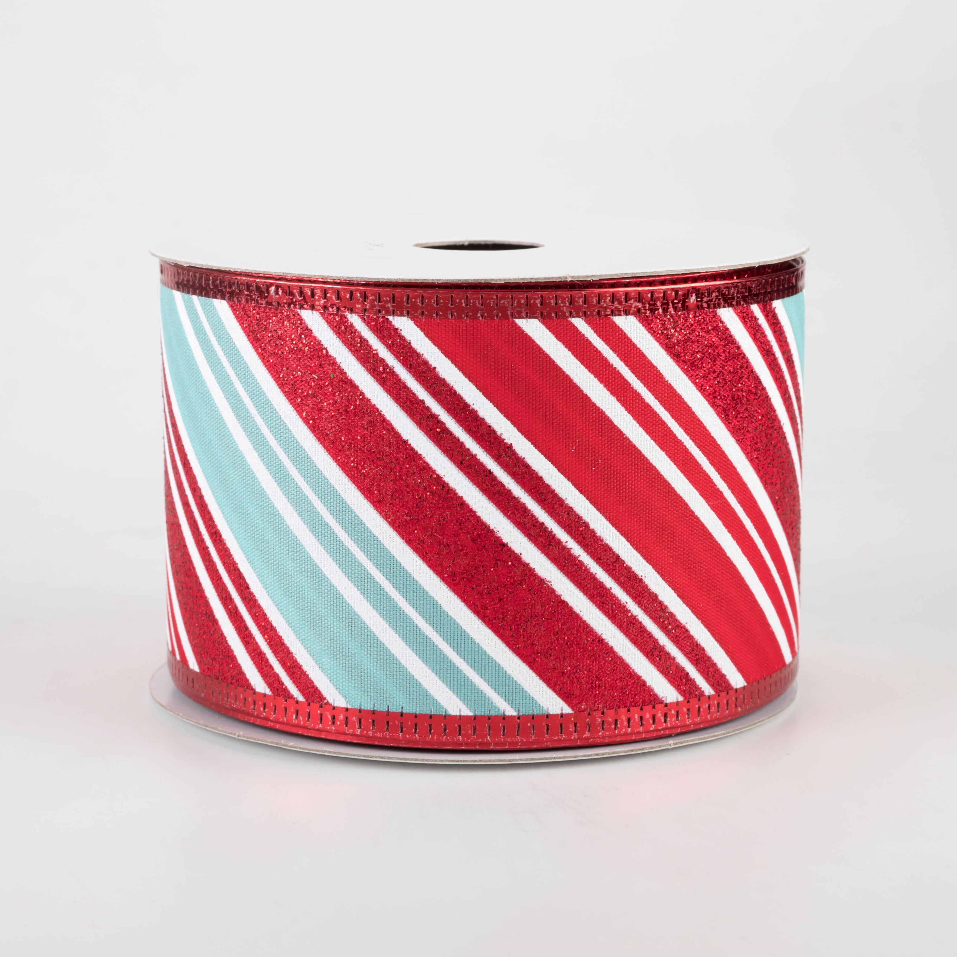 2.5" Glitter Candy Cane Stripe Ribbon: Red, Aqua, White (10 Yards)