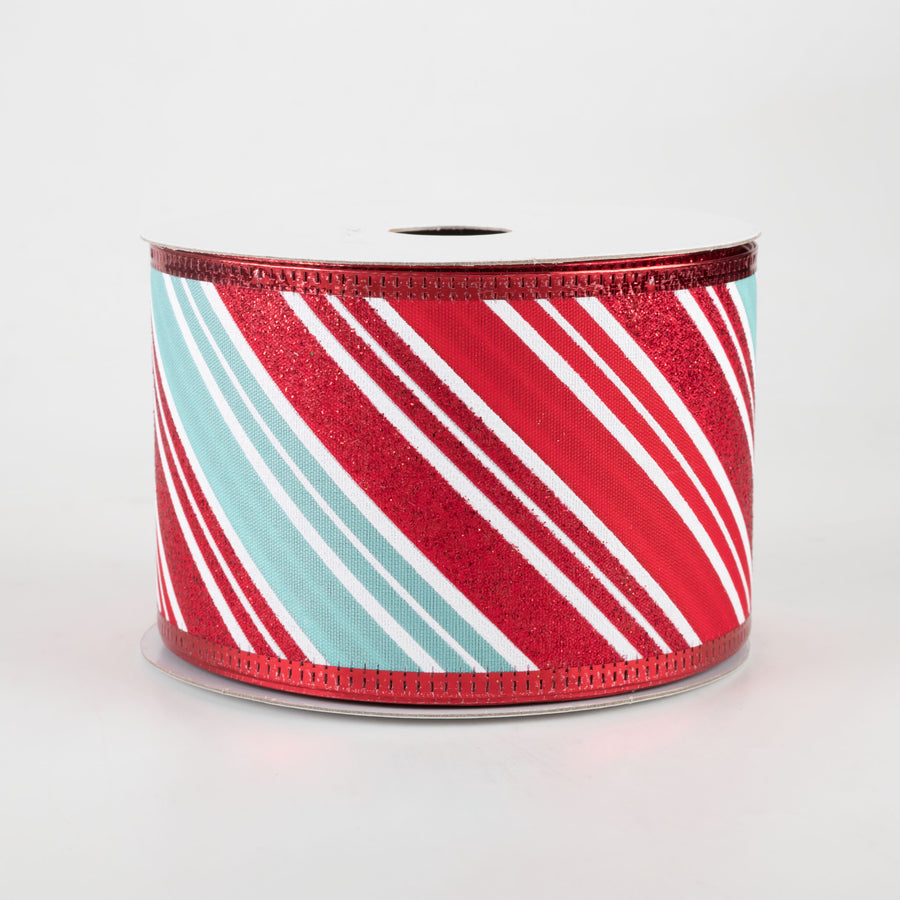 2.5" Glitter Candy Cane Stripe Ribbon: Red, Aqua, White (10 Yards)