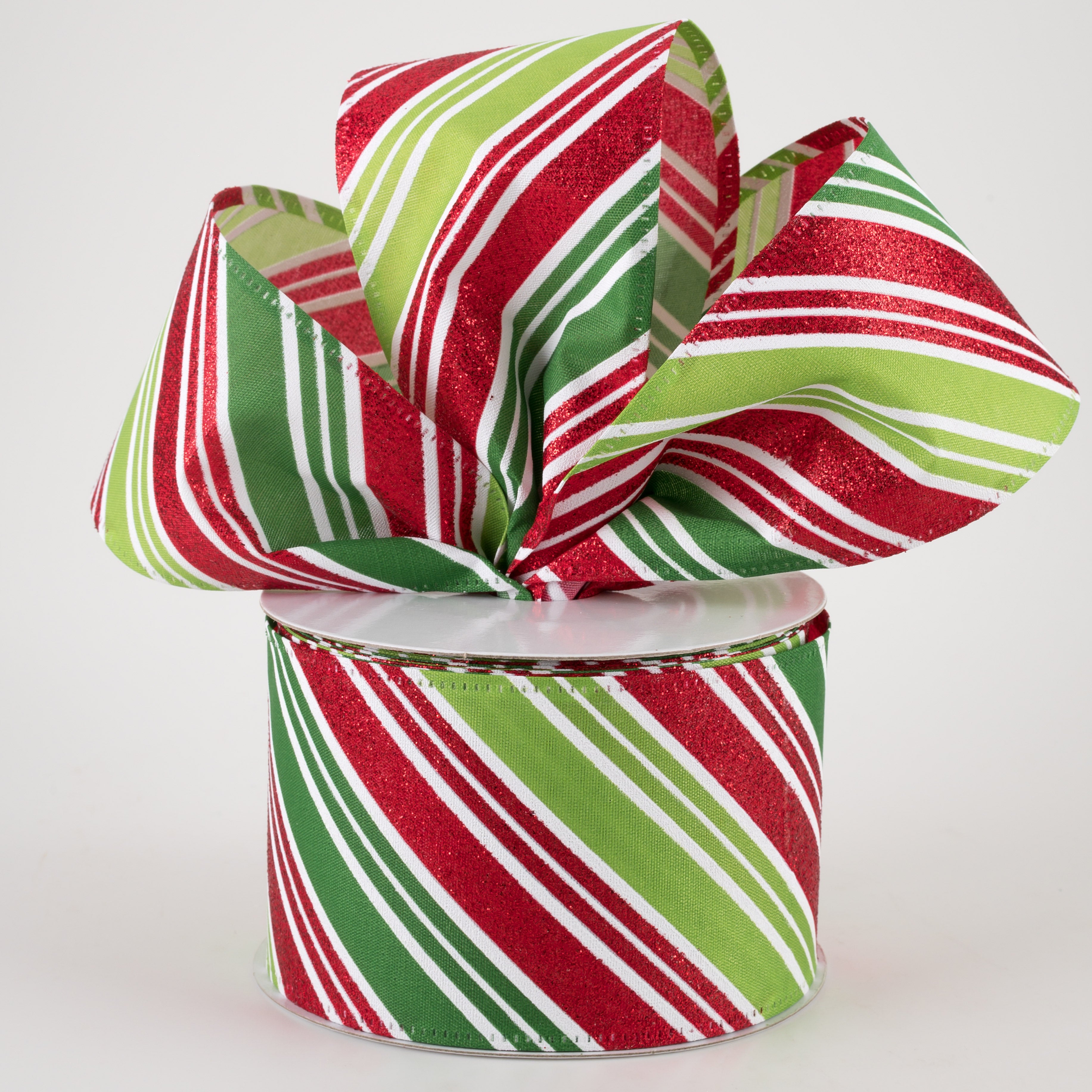 2.5" Glitter Candy Cane Stripes Ribbon: Emerald, Lime, Red (10 Yards) Lifestyle Photo