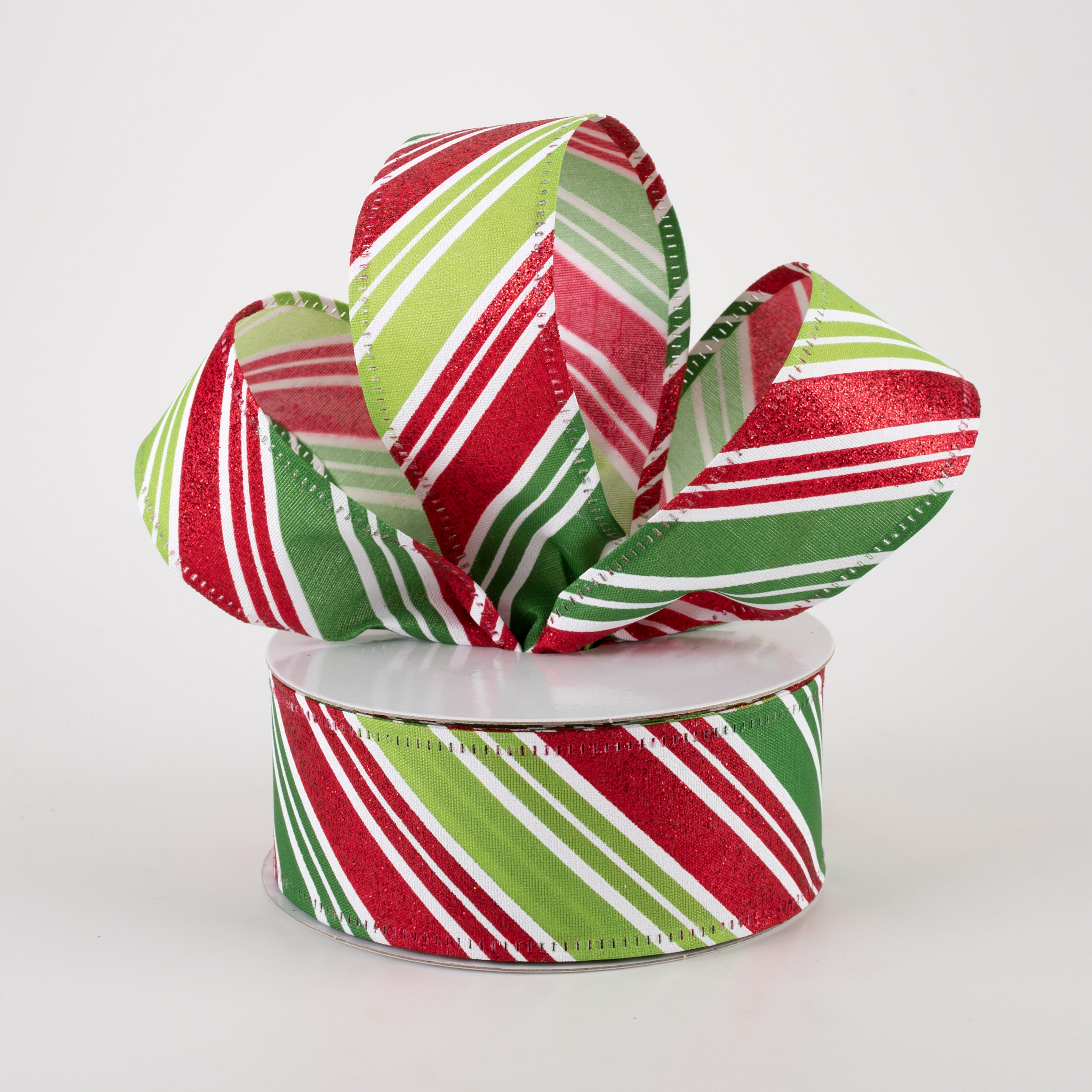 1.5" Glitter Candy Cane Stripes Ribbon: Emerald, Lime, Red (10 Yards) Lifestyle Photo