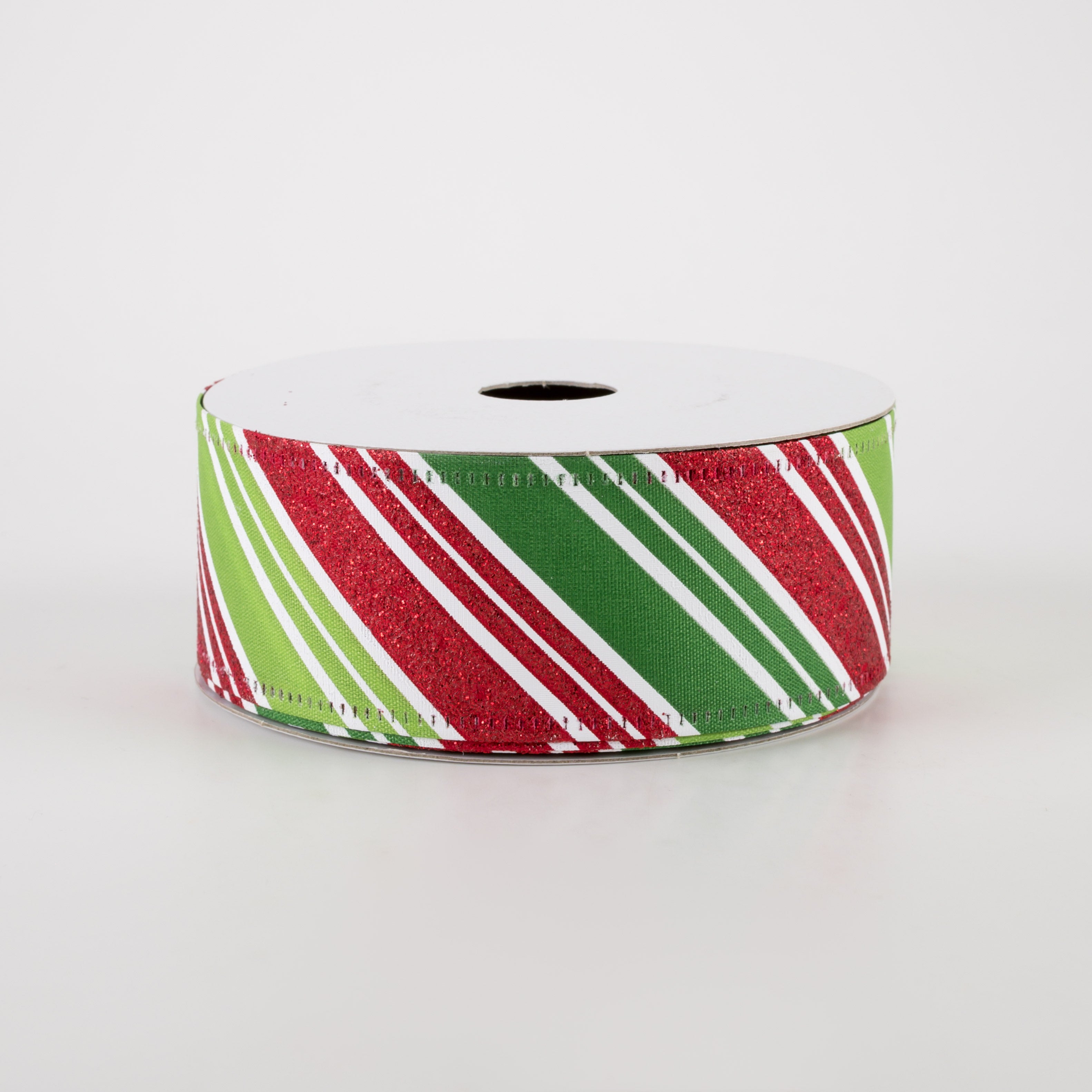 1.5" Glitter Candy Cane Stripes Ribbon: Emerald, Lime, Red (10 Yards)