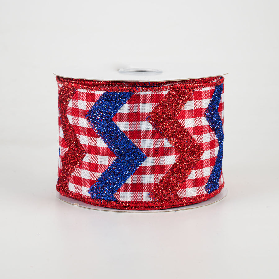 2.5" Glitter Chevron Gingham Check Ribbon: Red, White, Blue (10 Yards)
