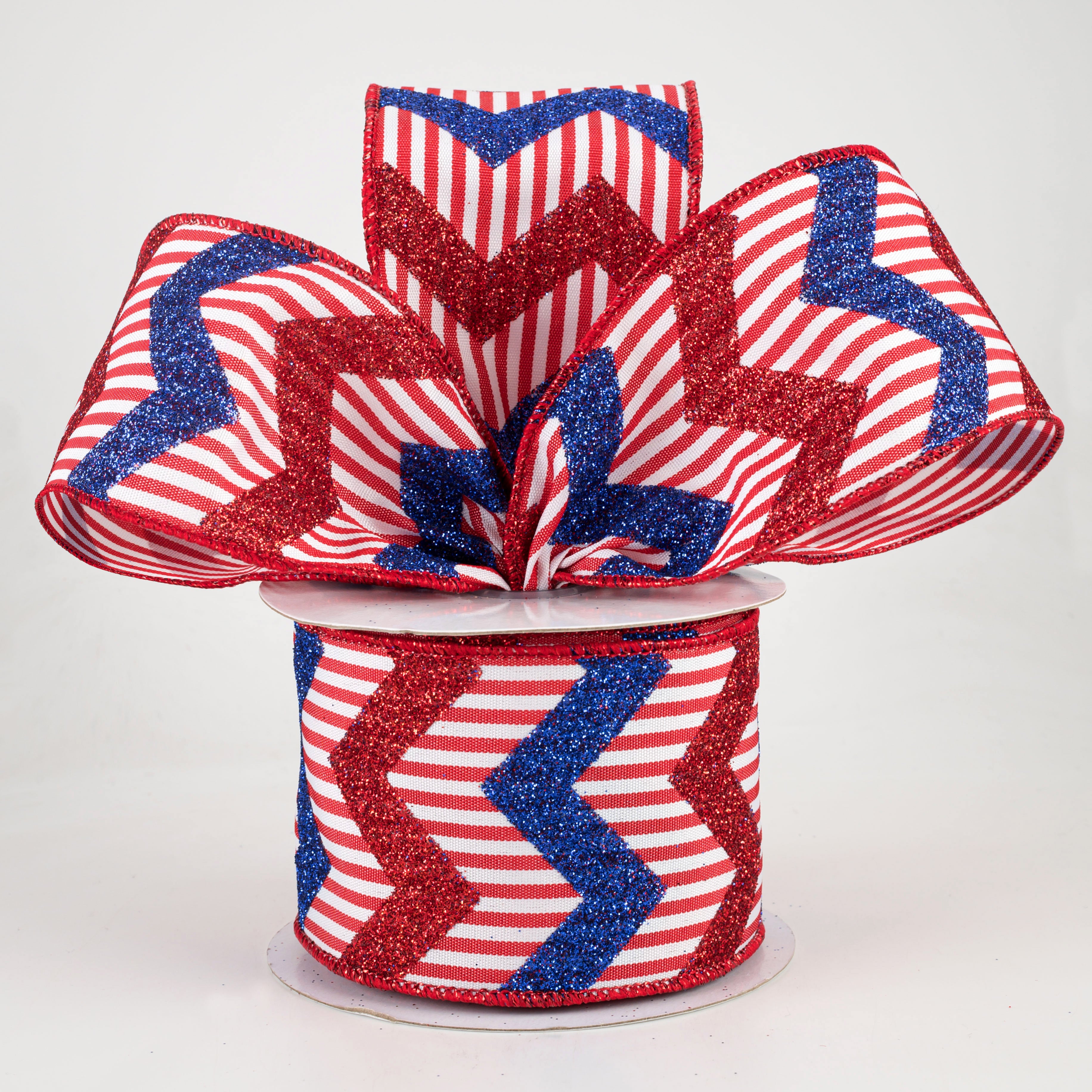 2.5" Glitter Chevron Vertical Stripe Ribbon: Red, White, Blue (10 Yards) Lifestyle Photo