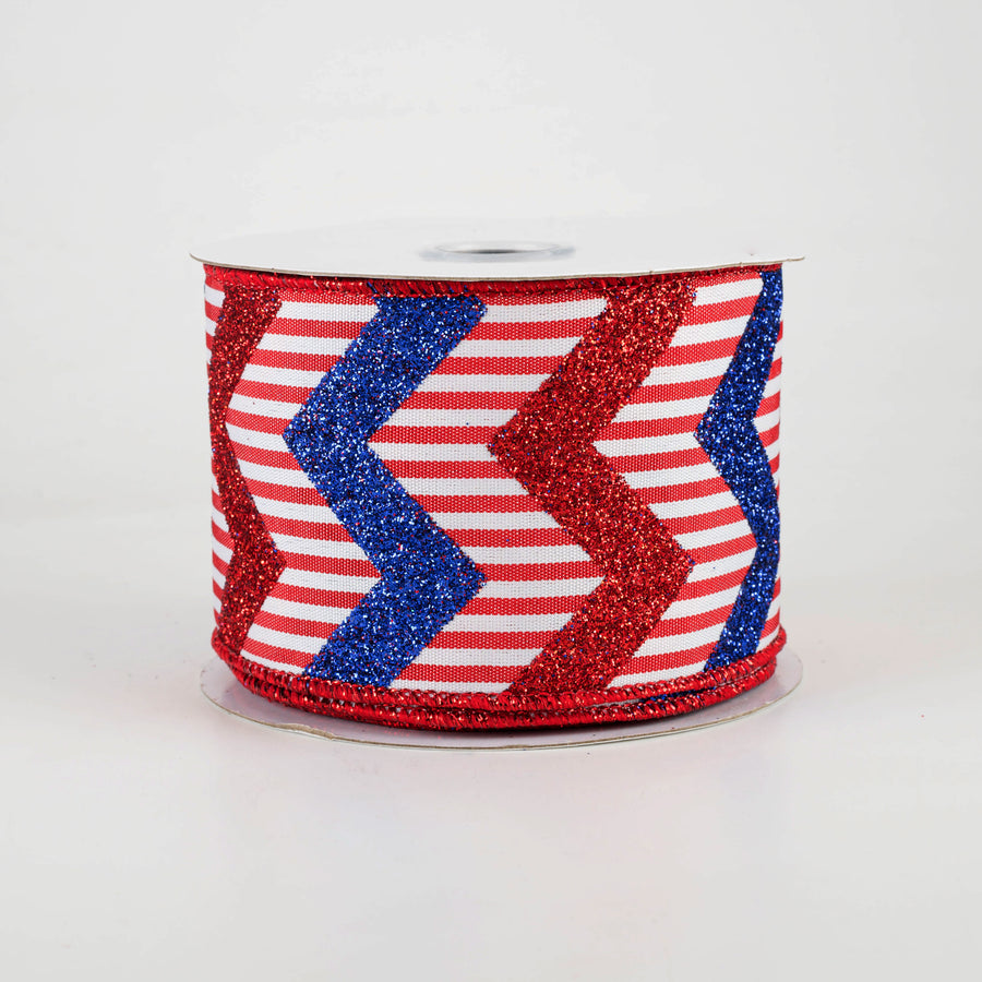 2.5" Glitter Chevron Vertical Stripe Ribbon: Red, White, Blue (10 Yards)