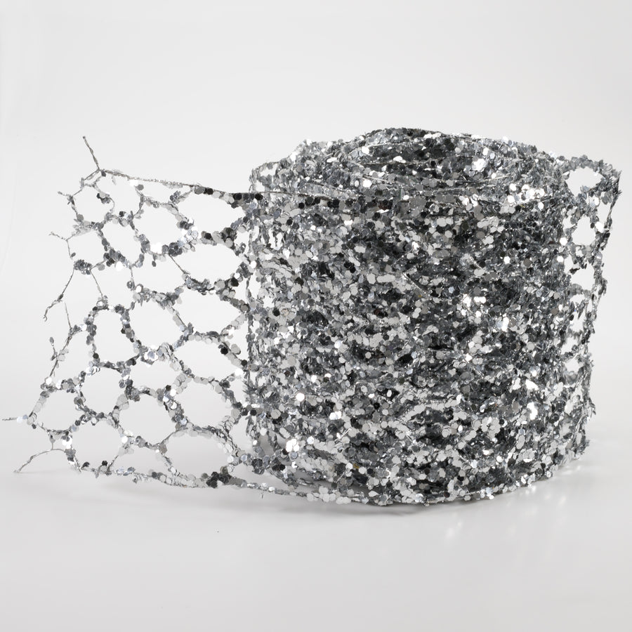 5" Glitter Chicken Wire Ribbon Garland: Silver (10')