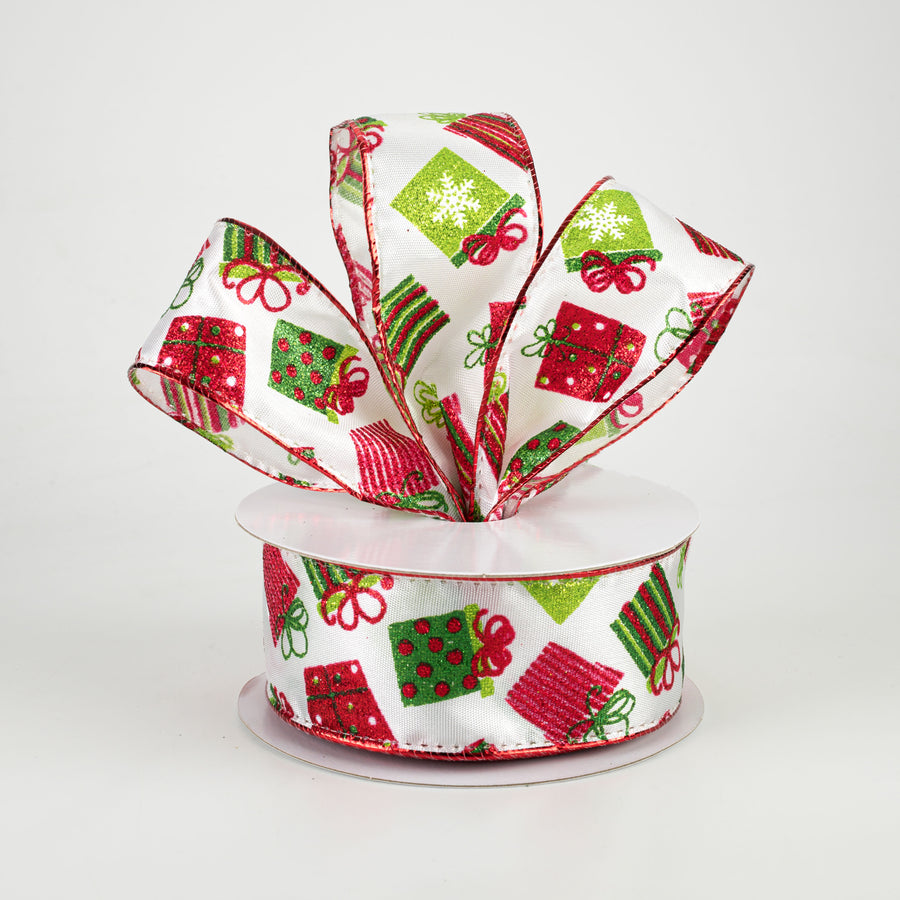 1.5" Glitter Christmas Presents Ribbon: Red, Lime, Green (10 Yards) Lifestyle Photo