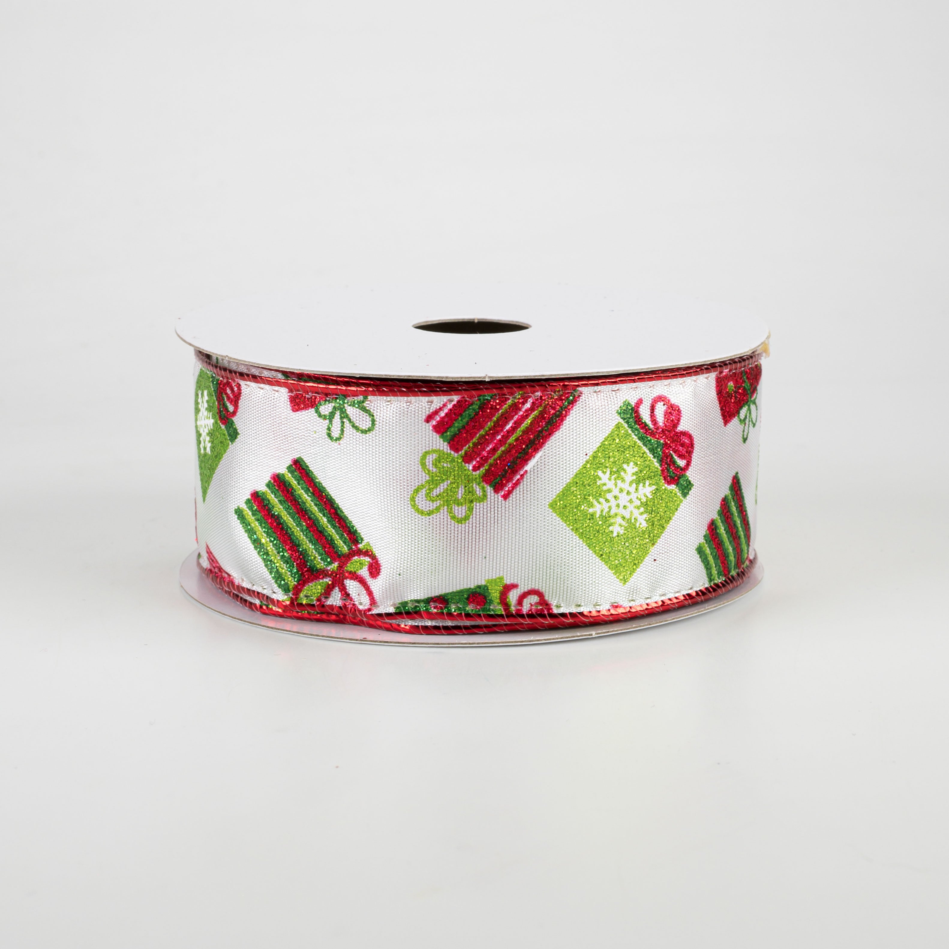1.5" Glitter Christmas Presents Ribbon: Red, Lime, Green (10 Yards)