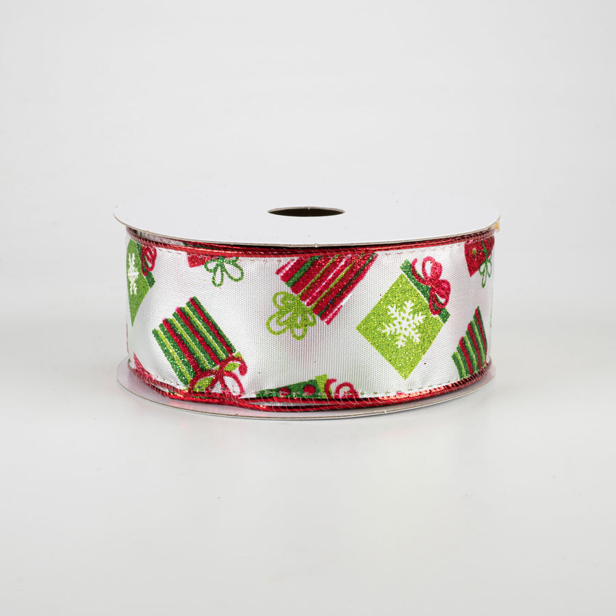 1.5" Glitter Christmas Presents Ribbon: Red, Lime, Green (10 Yards)