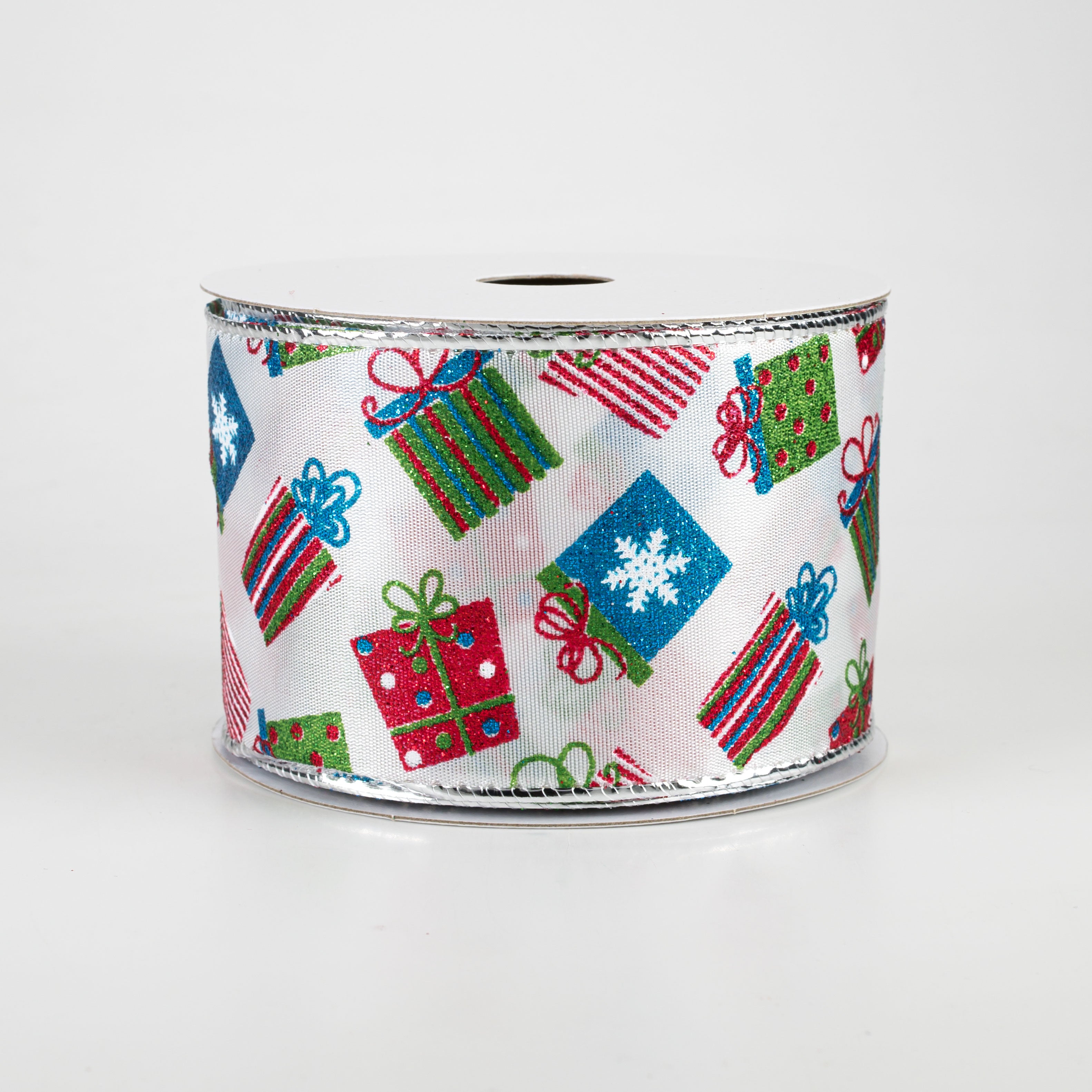 2.5" Glitter Christmas Presents Ribbon: Red, Lime, Turquoise (10 Yards) Item Number: 71019-40-39