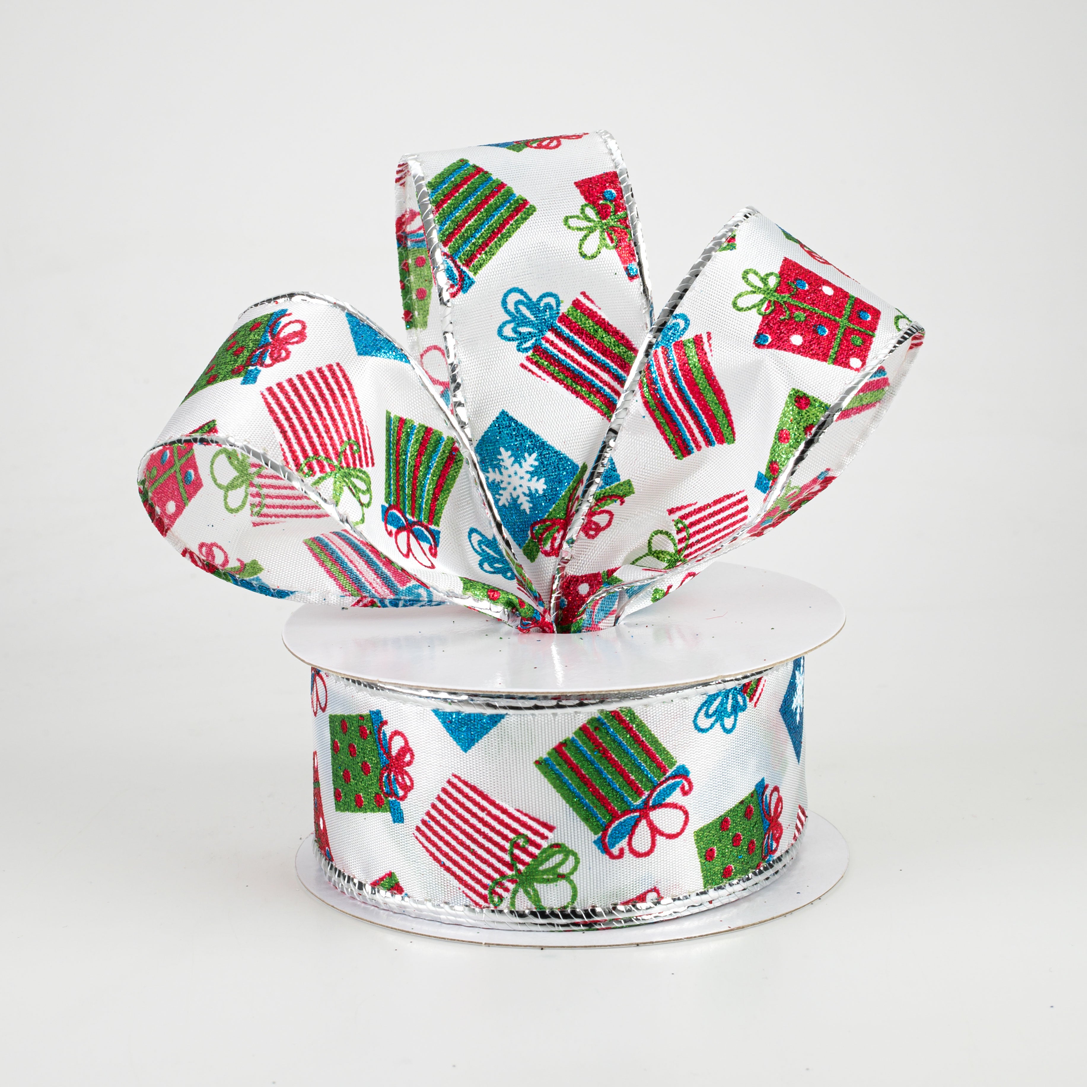 1.5" Glitter Christmas Presents Ribbon: Red, Lime, Turquoise (10 Yards) Lifestyle Photo