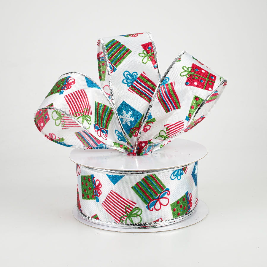 1.5" Glitter Christmas Presents Ribbon: Red, Lime, Turquoise (10 Yards) Lifestyle Photo