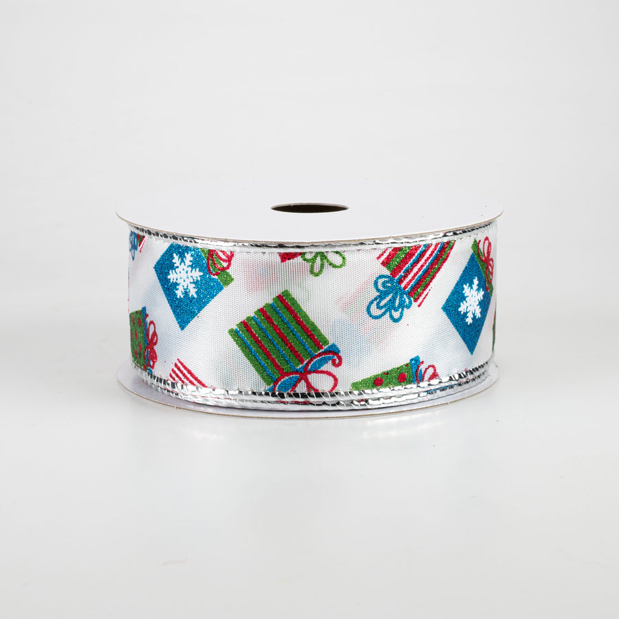 1.5" Glitter Christmas Presents Ribbon: Red, Lime, Turquoise (10 Yards) Item Number: 71019-09-39