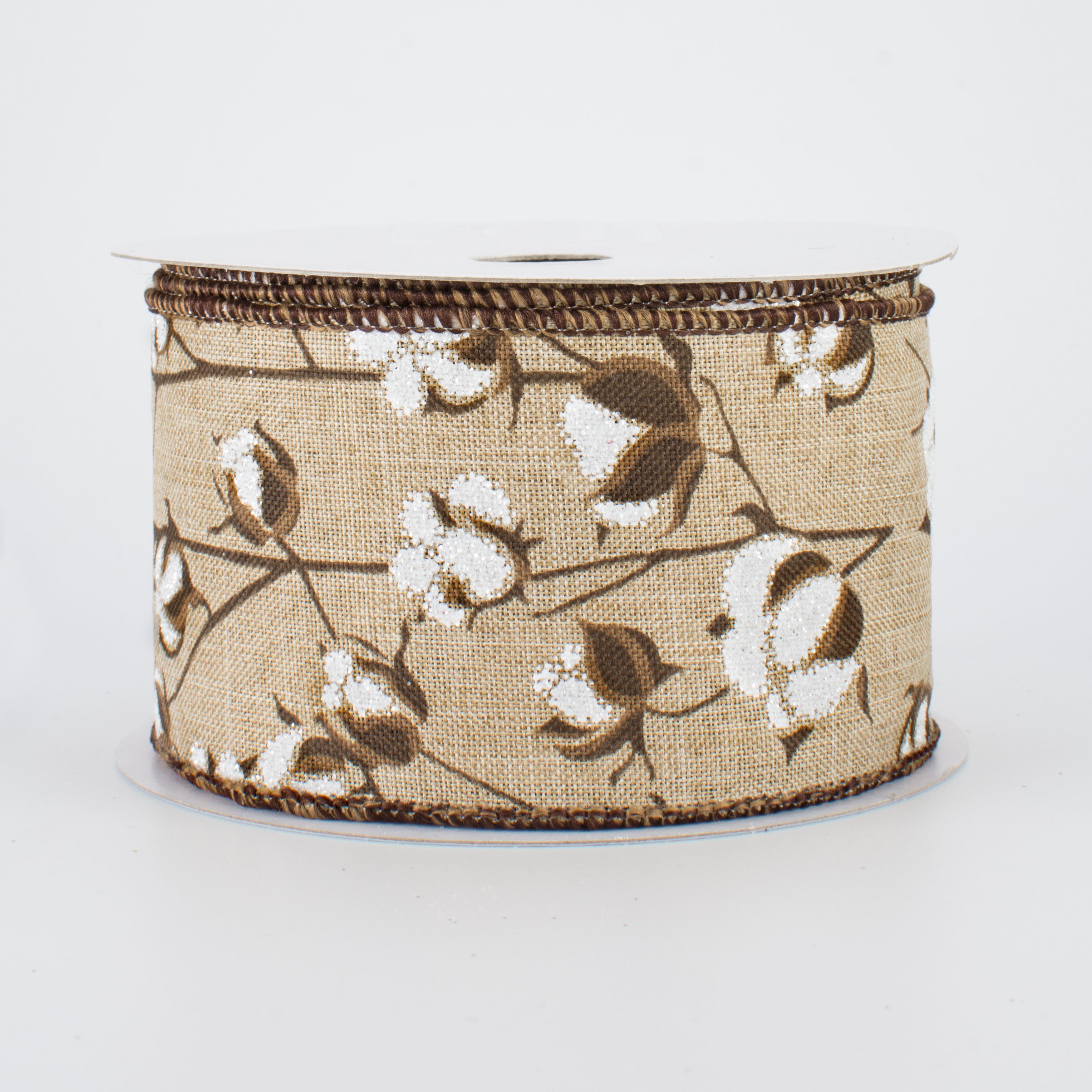 2.5" Glitter Cotton Boll Ribbon: Beige (10 Yards)
