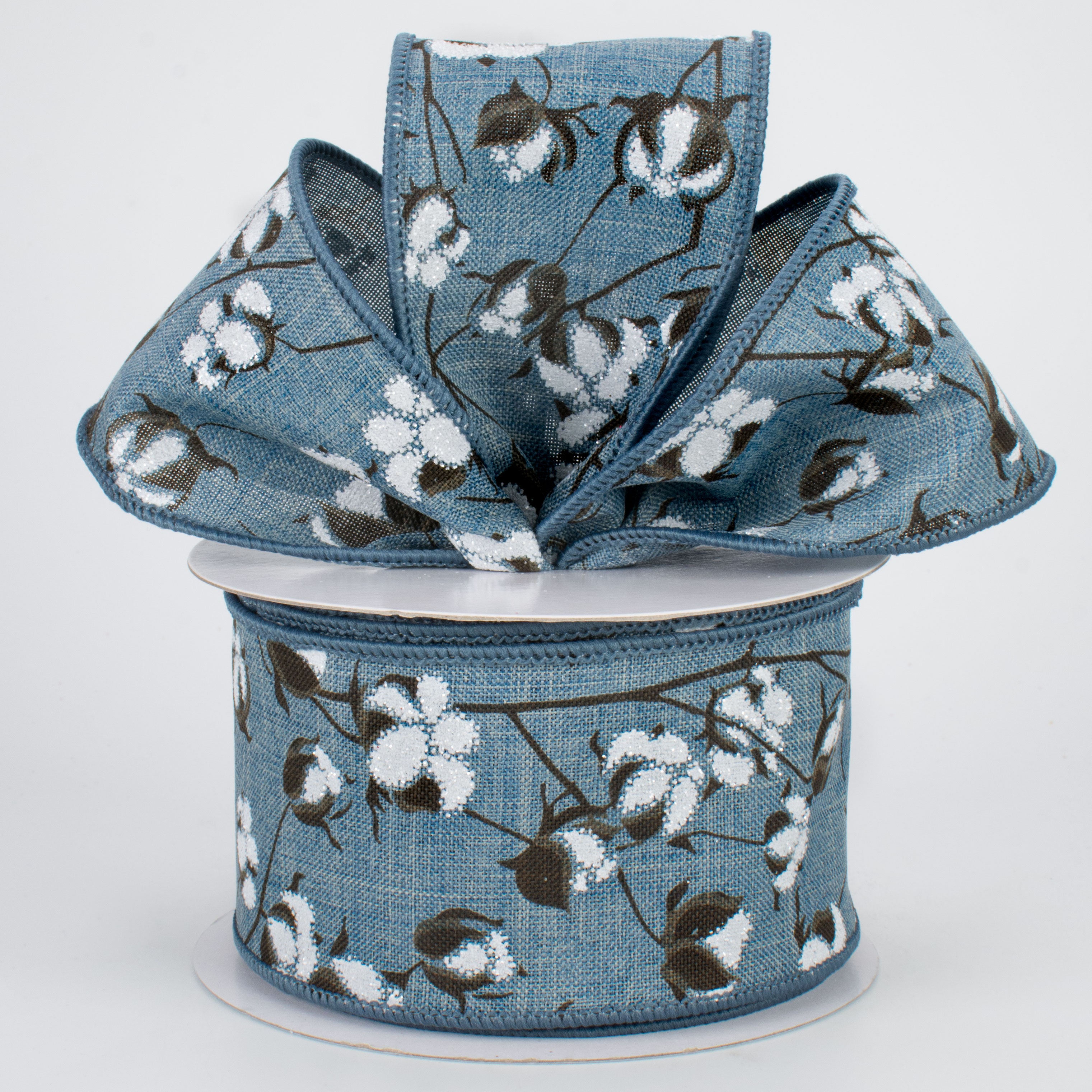 2.5" Glitter Cotton Boll Ribbon: Faded Denim (10 Yards) Lifestyle Photo