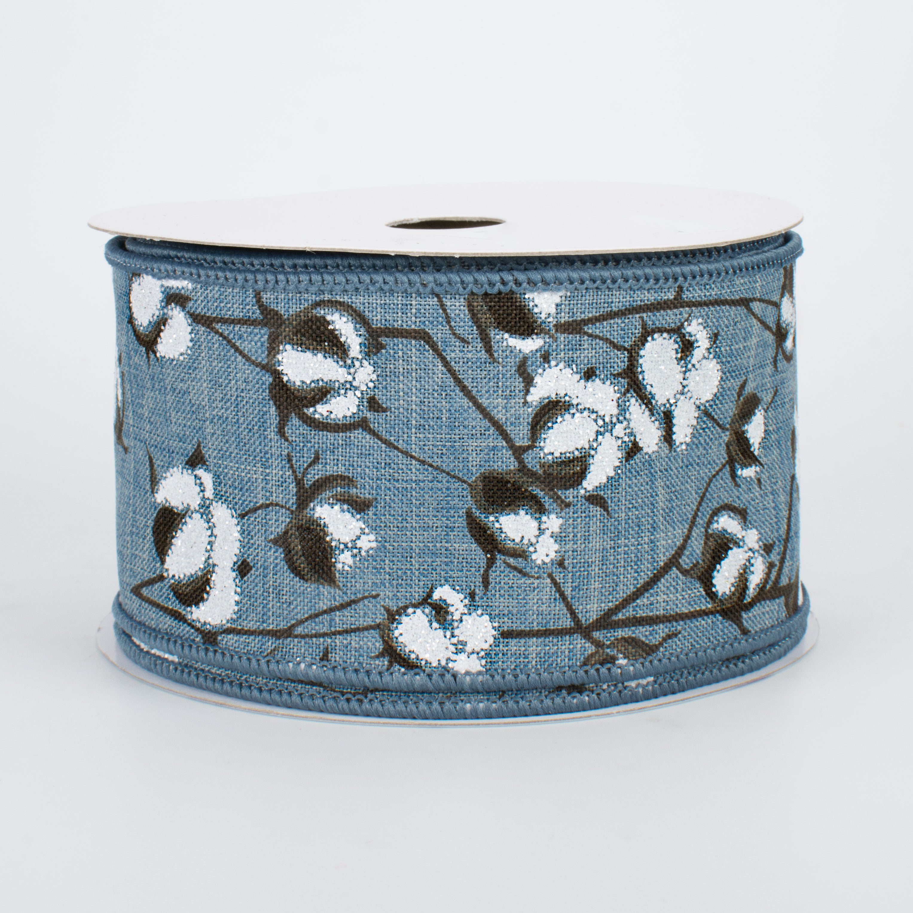 2.5" Glitter Cotton Boll Ribbon: Faded Denim (10 Yards)