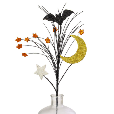 29" Glitter Crescent Moon & Bat Spray: Black & Orange Item Number: HH1280X5