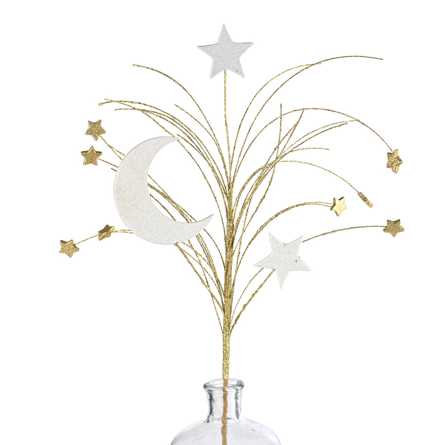 29" Glitter Crescent Moon & Star Spray: White & Gold Item Number: HH1279E2