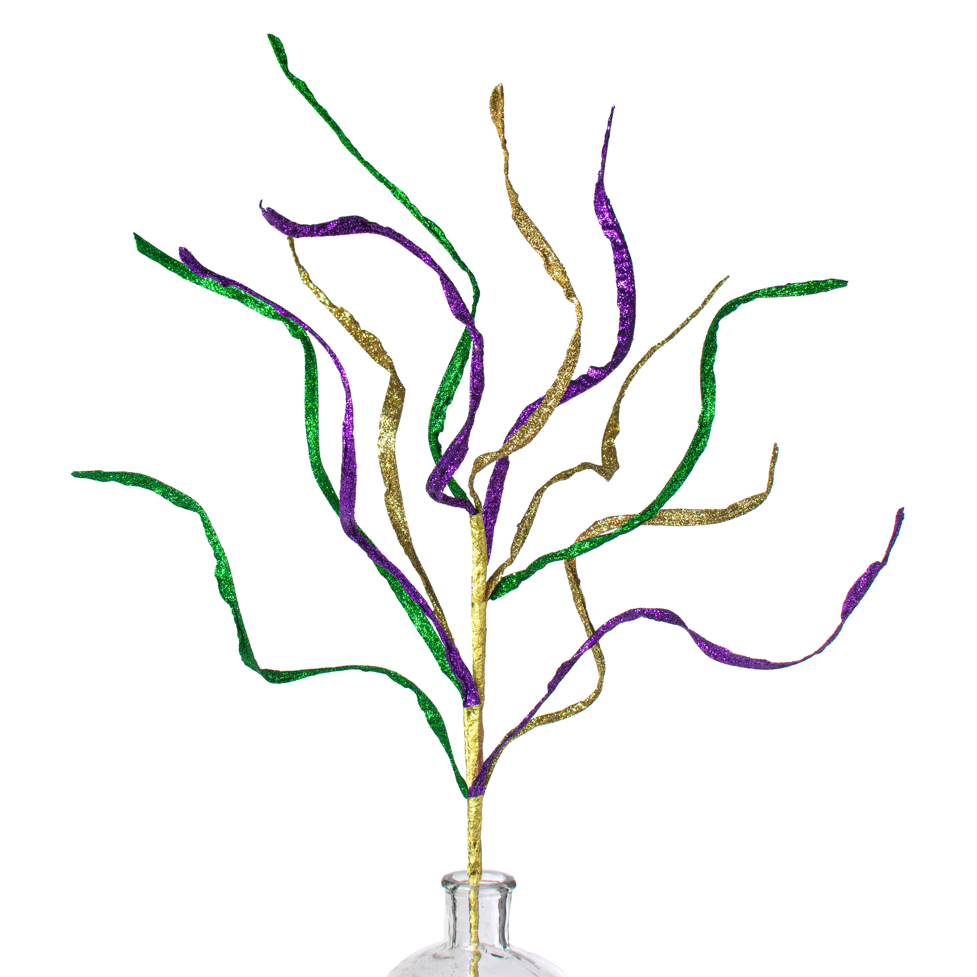 36" Glitter Curly Paper Grass Spray: Purple, Green, Gold Item Number: HG3234