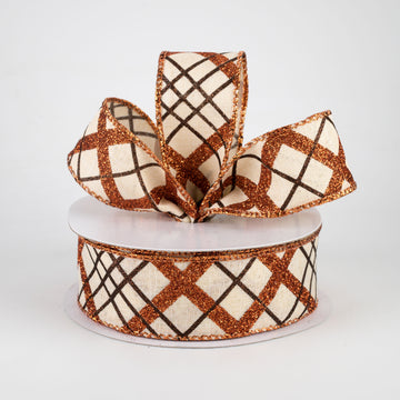 1.5" Glitter Diagonal Plaid Ribbon: Cream, Copper, Brown (10 Yards)