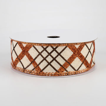 1.5" Glitter Diagonal Plaid Ribbon: Cream, Copper, Brown (10 Yards)