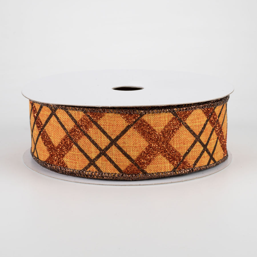 1.5" Glitter Diagonal Plaid Ribbon: Pumpkin Orange, Copper, Brown (10 Yards)