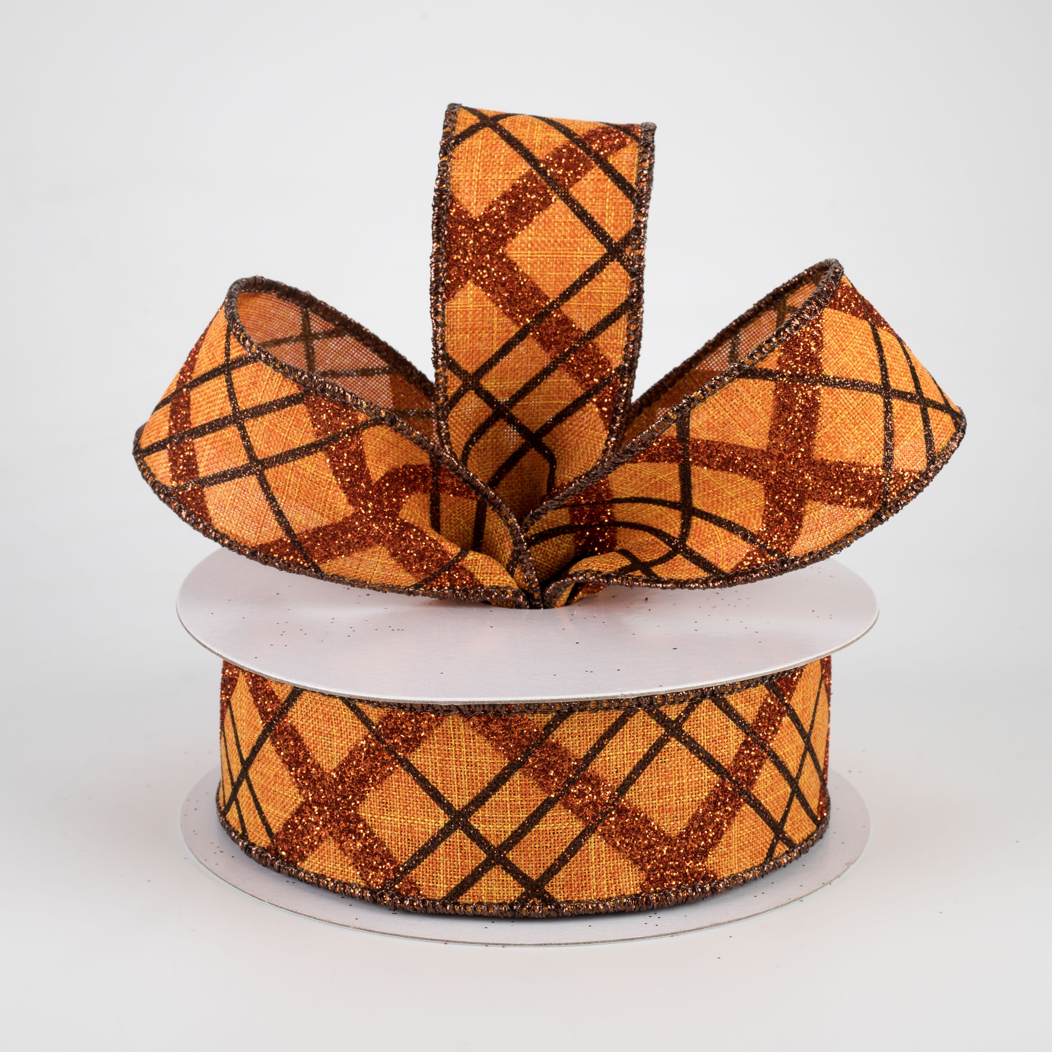 1.5" Glitter Diagonal Plaid Ribbon: Pumpkin Orange, Copper, Brown (10 Yards) Lifestyle Photo